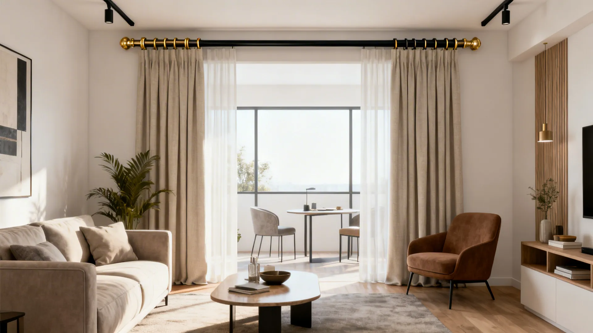 Modern living room with black curtain rod gold accents cream curtains brown armchair and wooden floor