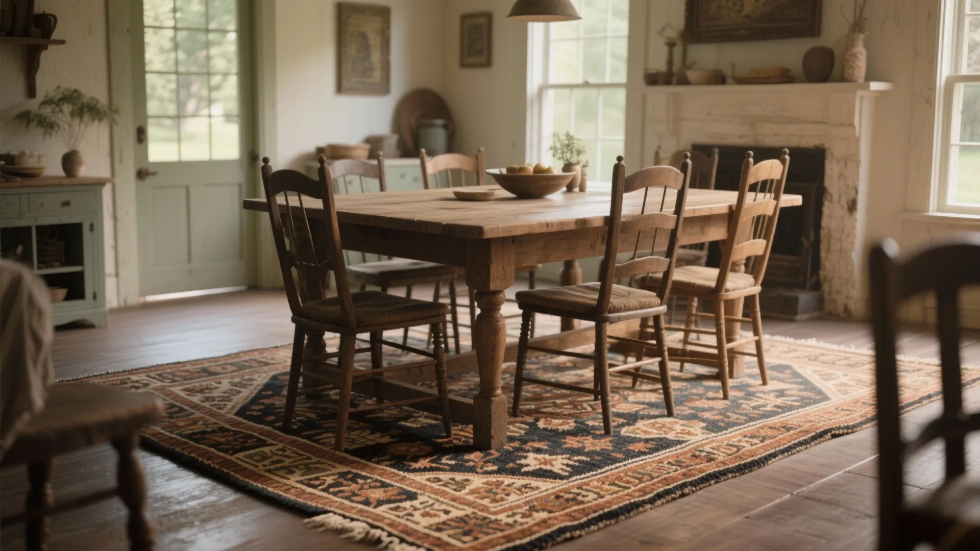 Farmhouse dining room with antique patterned rug