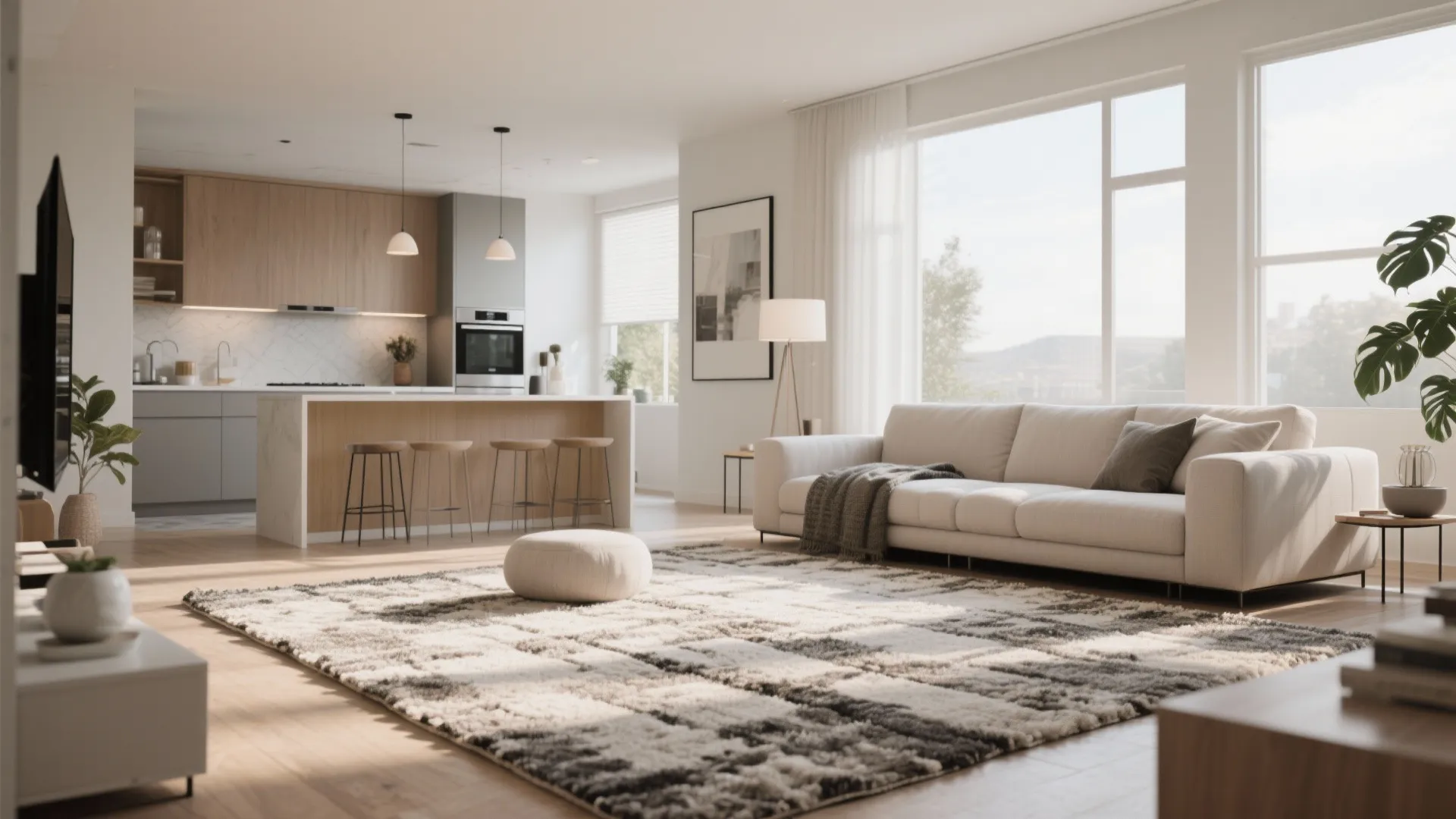 Spacious open living room featuring large patterned rug beige sofa and minimalist kitchen island background