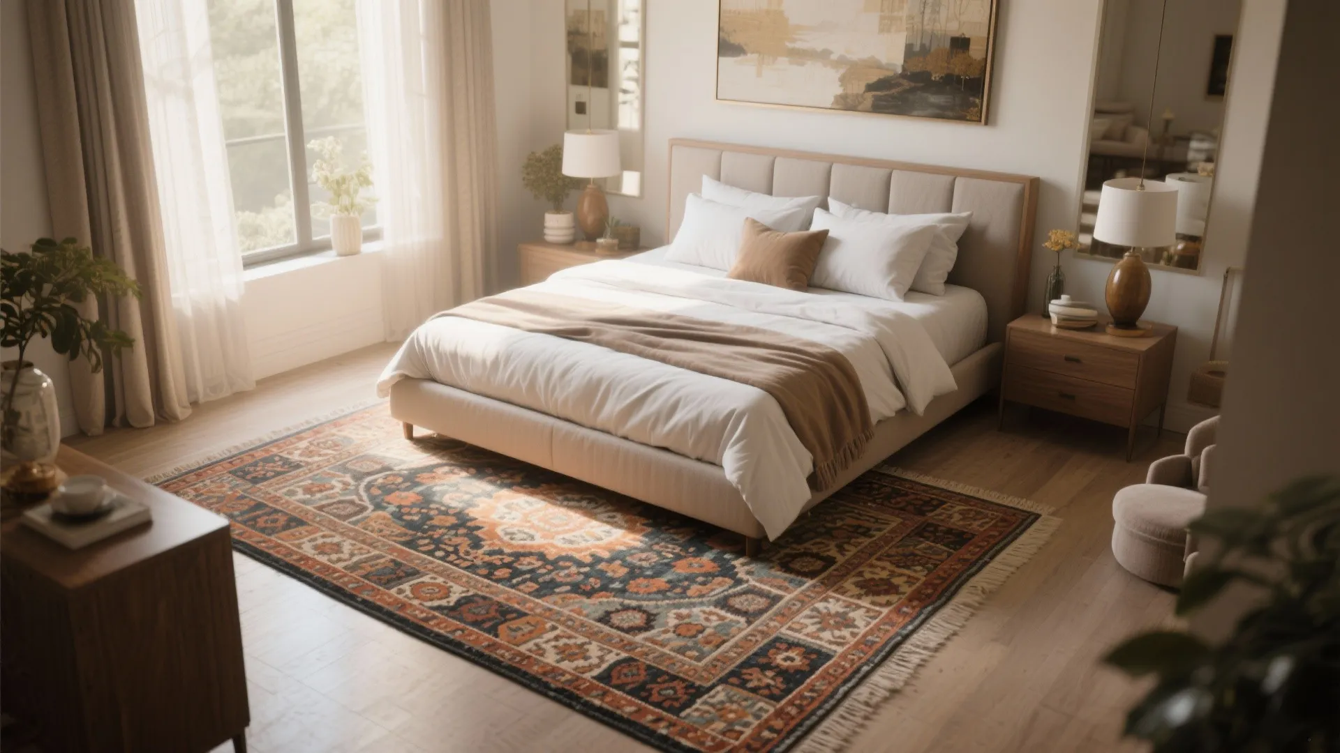Large patterned rug under bed anchoring the bedroom space