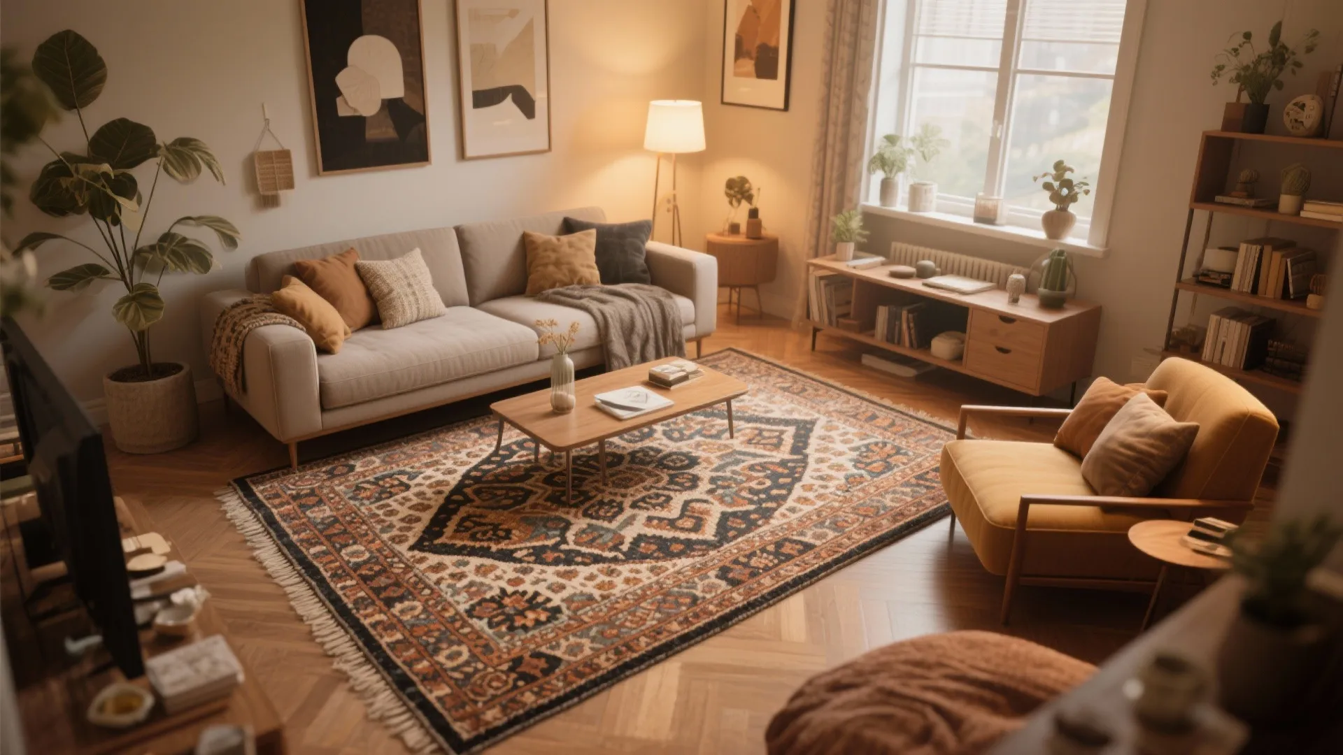 Cozy living room with large pattern rug grey sofa yellow chair wood table and plants