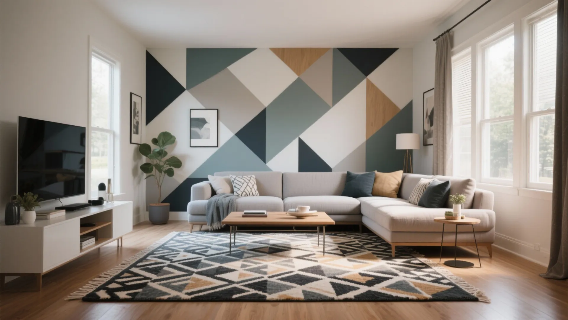 Modern living room featuring a geometric pattern rug with a grey sofa and wood floor