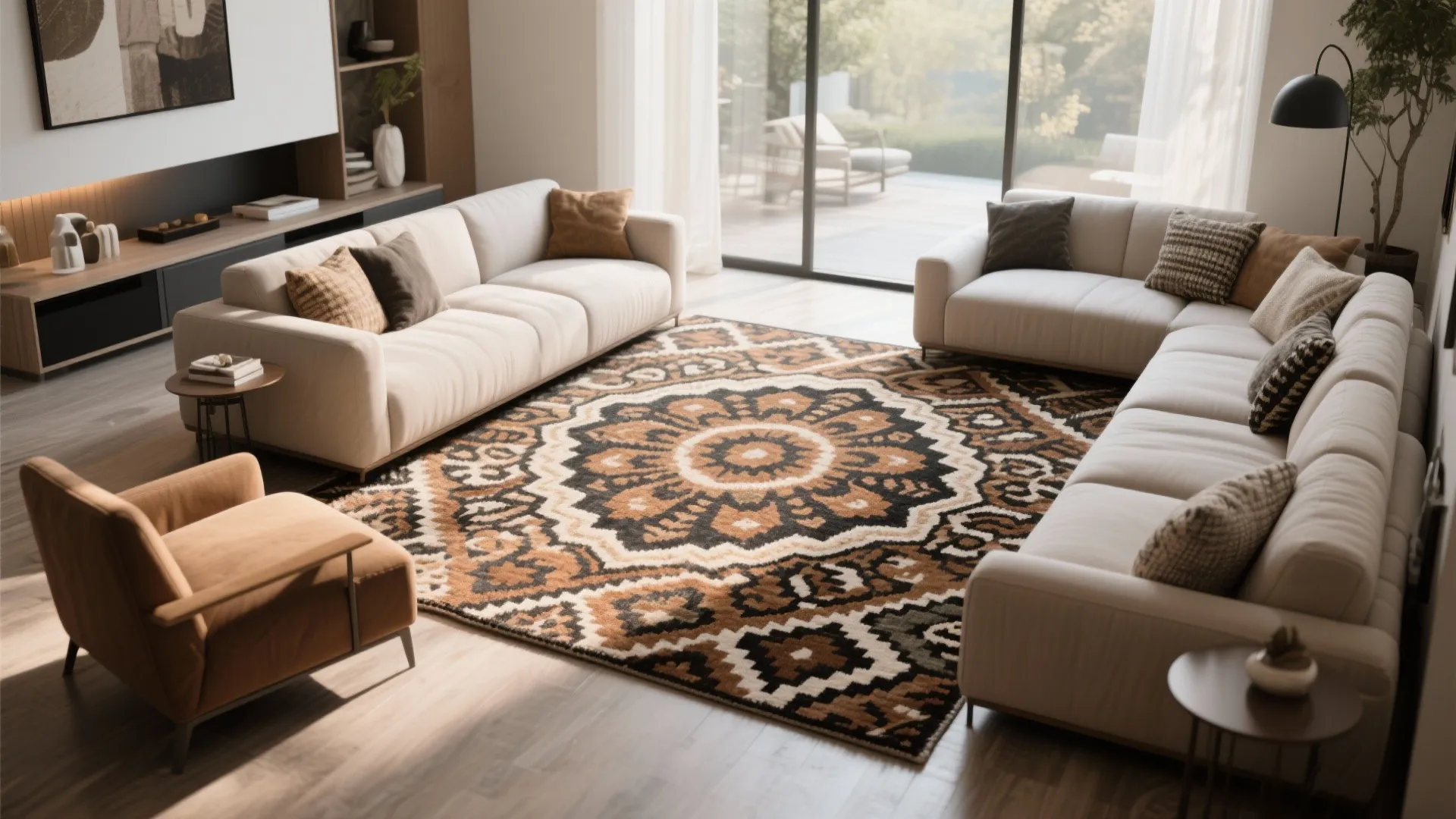 Modern living room with cream sofas around a large brown pattern rug and natural light