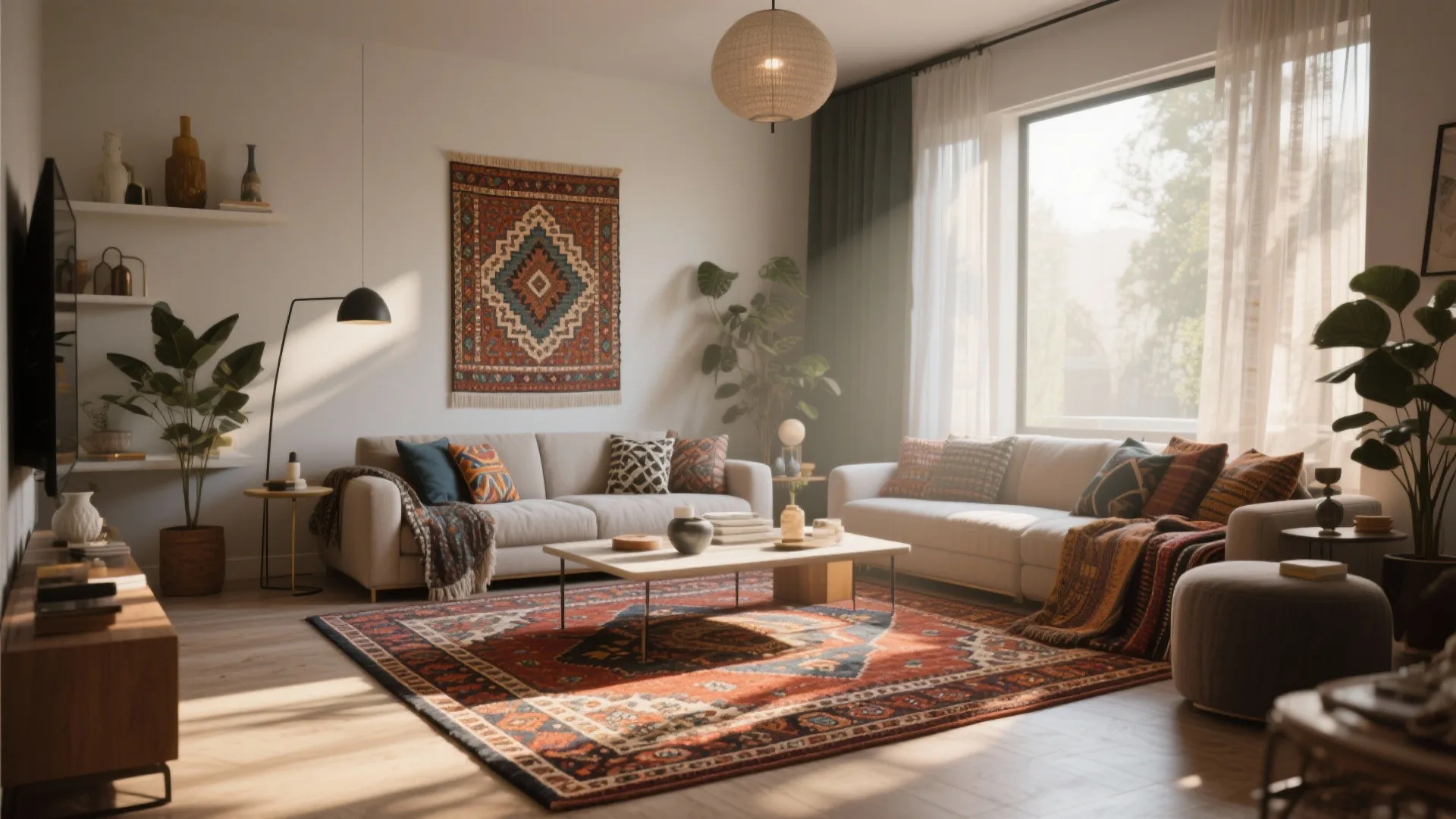 Bohemian living room with patterned rug, beige sofa, wall light, ceiling light, and indoor plants