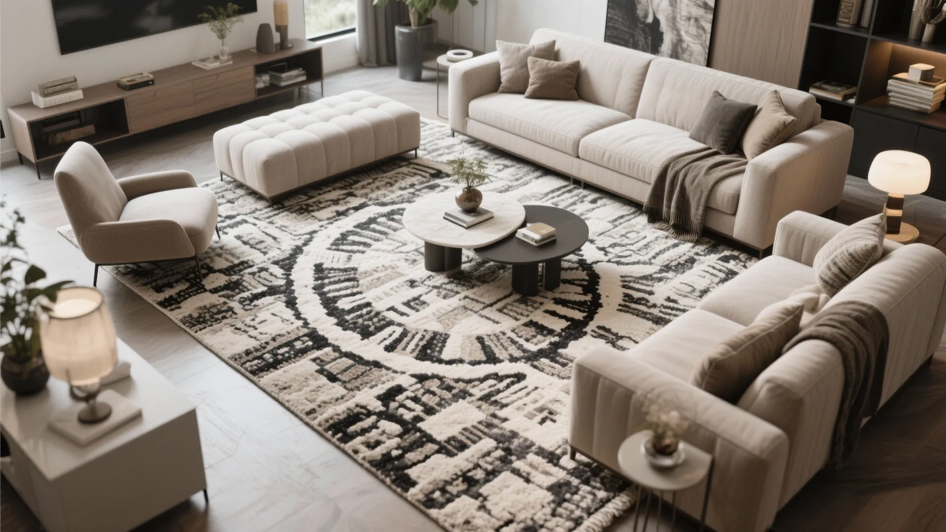 Living room interior featuring large patterned area rug beige sofas footrest and two round coffee tables