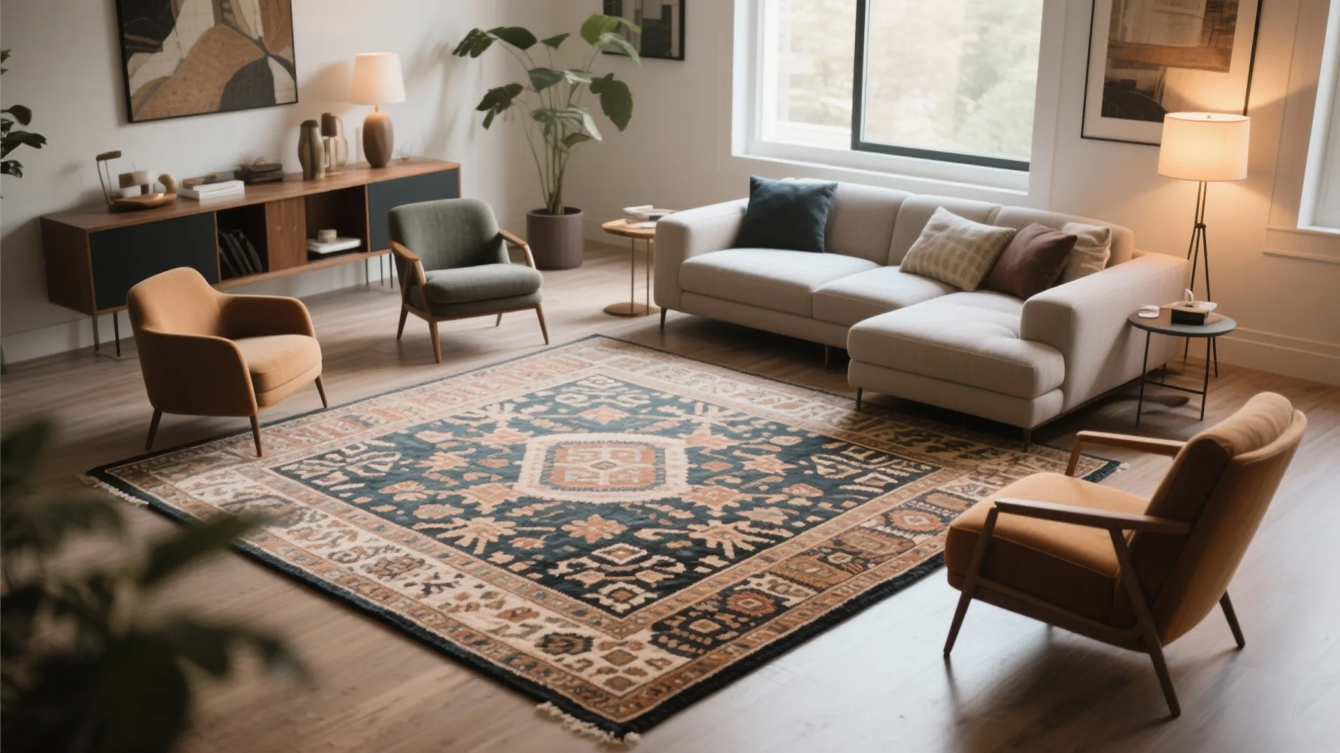 Modern living room with a large patterned area rug beige sofa yellow chairs and floor lamp