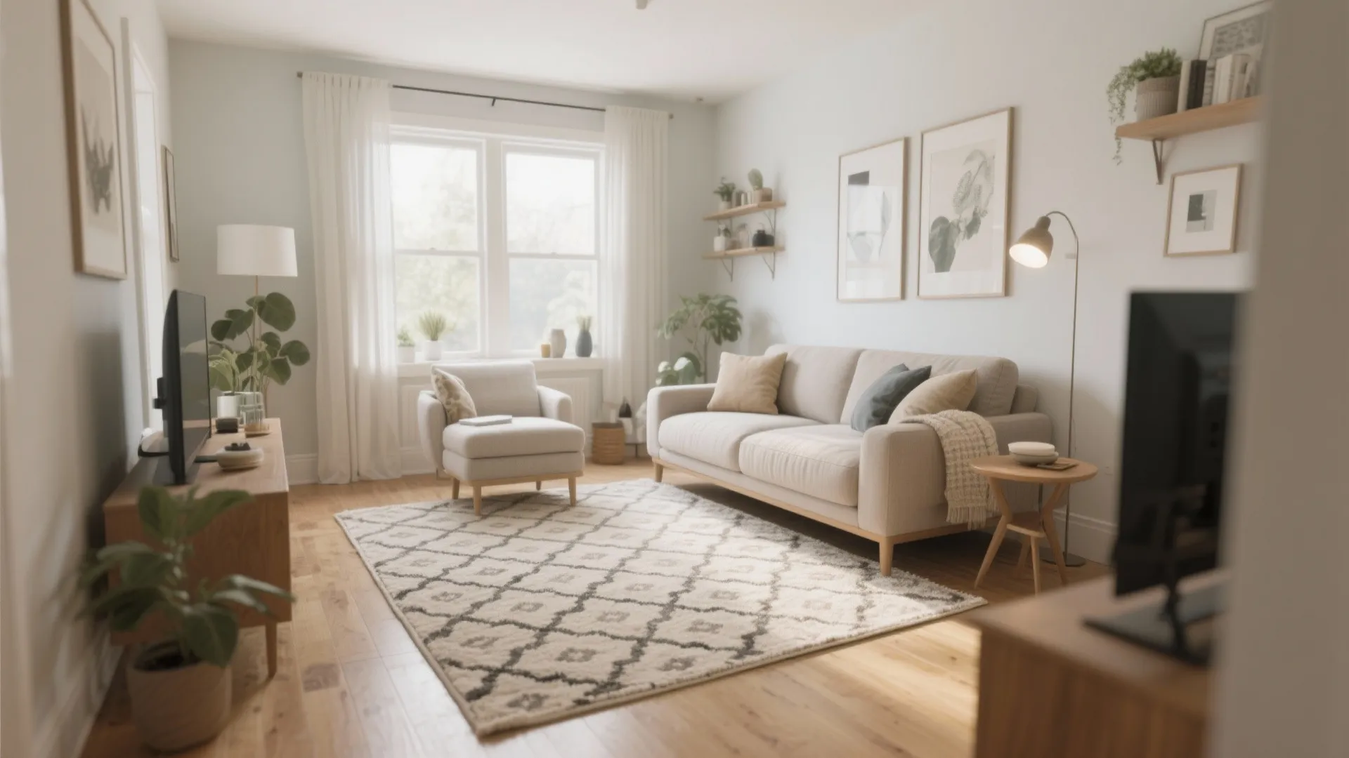 Modern living room with beige sofa patterned rug floor lamp and large window with curtains