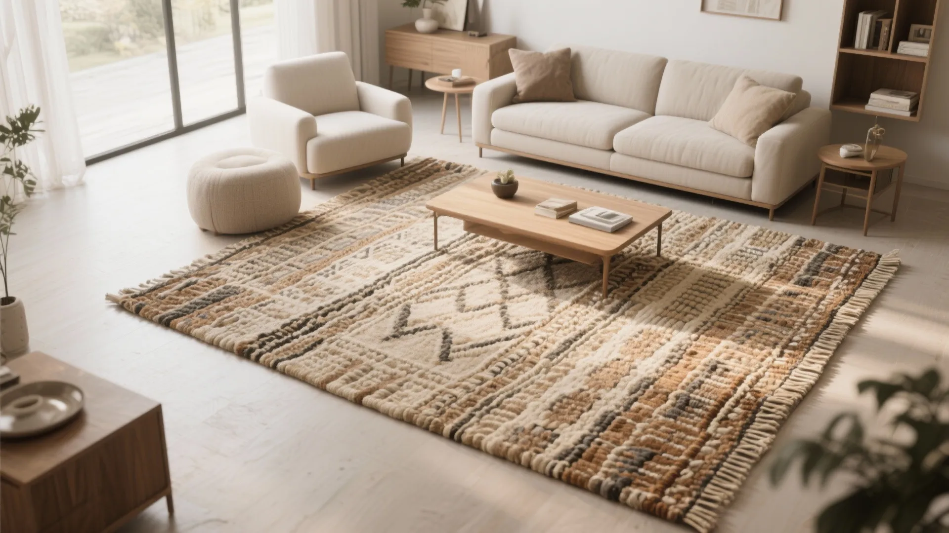 Large textured rug with brown patterns on floor under a modern low wooden coffee table