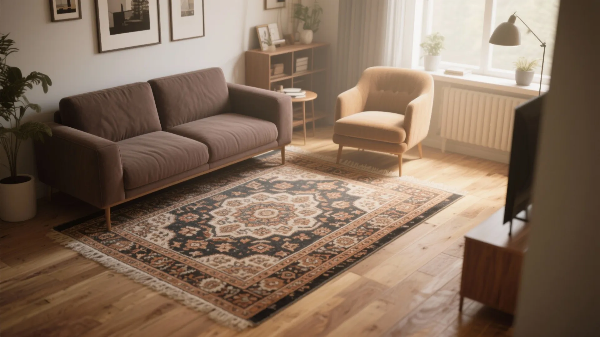 Cozy living room with a large patterned rug brown sofa yellow armchair and wooden floor