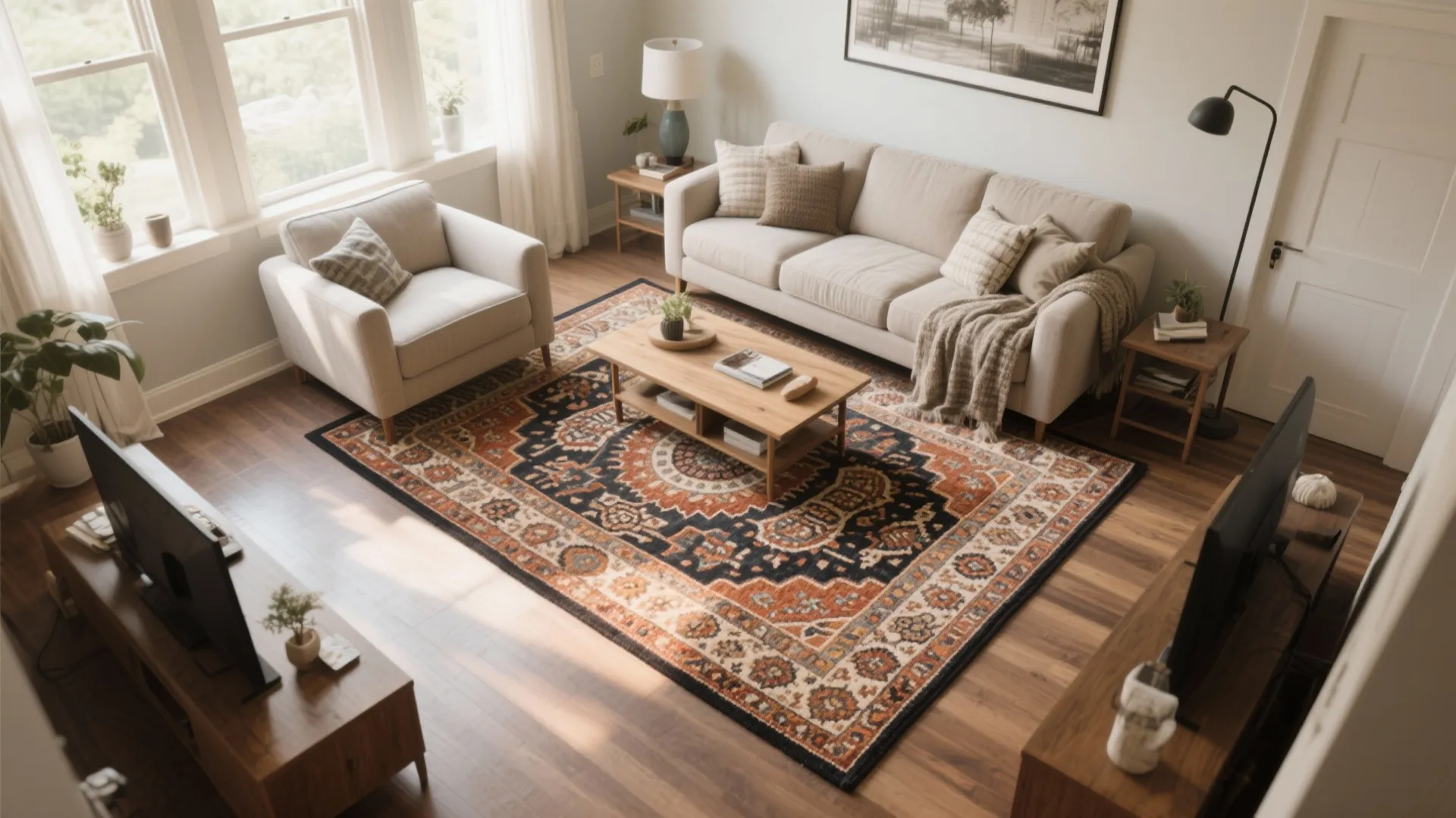 Living room interior with large patterned area rug under a beige sofa and coffee table