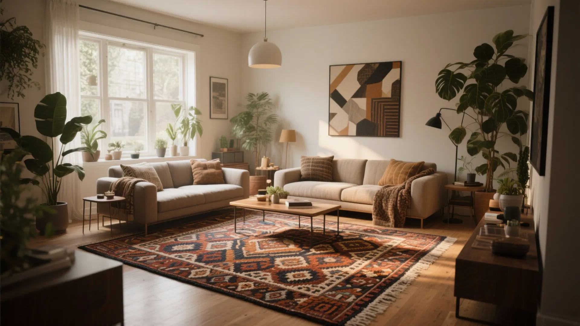 Bohemian living room with large patterned area rug two beige sofas wooden coffee table and plants