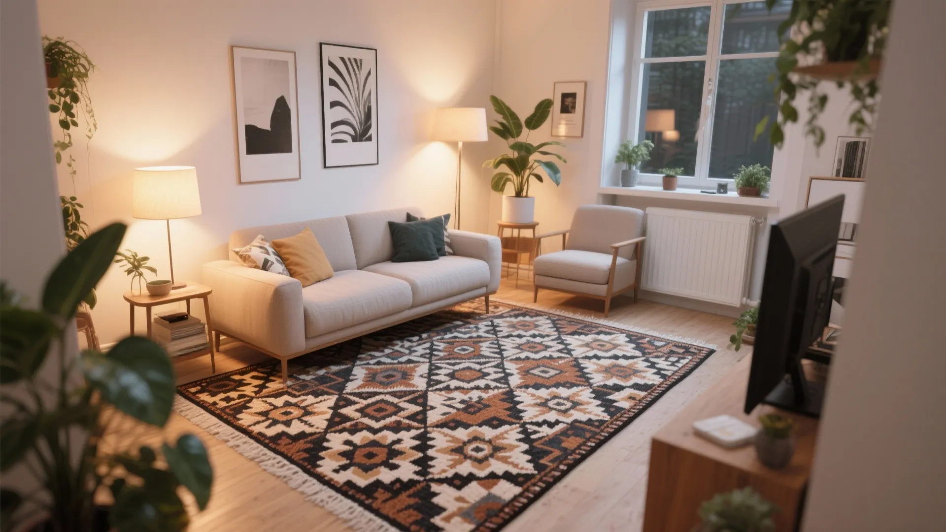 Living room with patterned rug beige sofa floor lamp arm chair and several green house plants