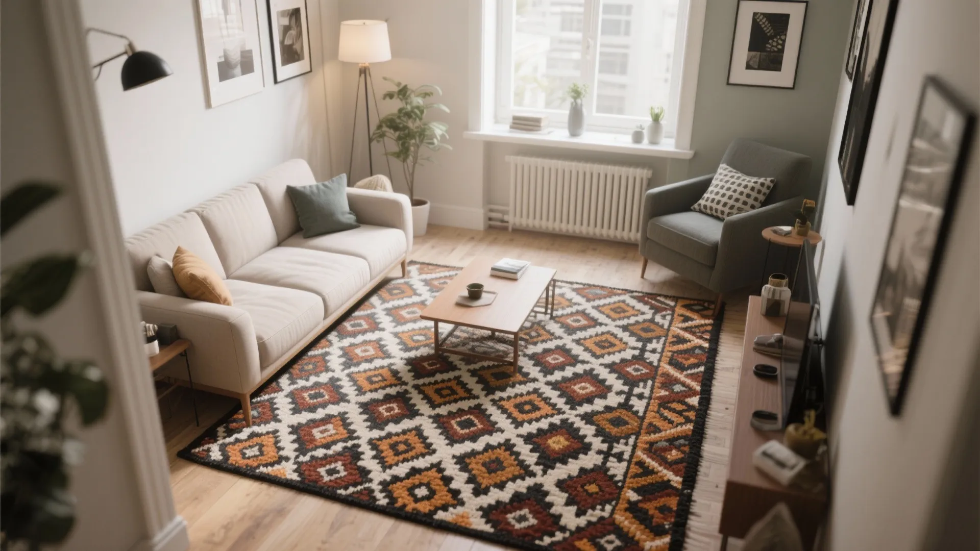 Modern living room with a large patterned rug coffee table sofa armchair and natural light