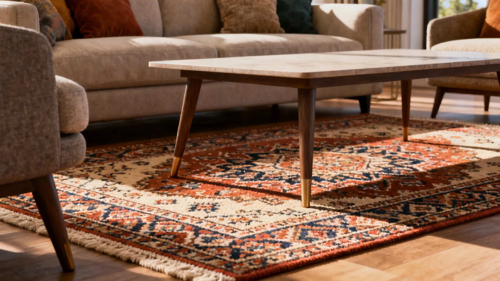 Colorful patterned rug placed under a wooden coffee table in a bright living room setup