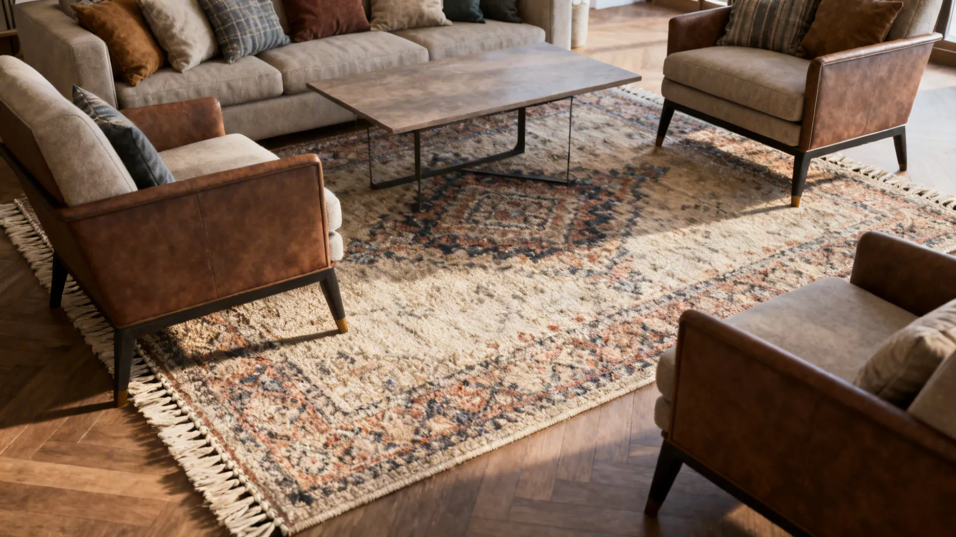 Seating area anchored by a patterned statement rug with furniture front legs on the rug.