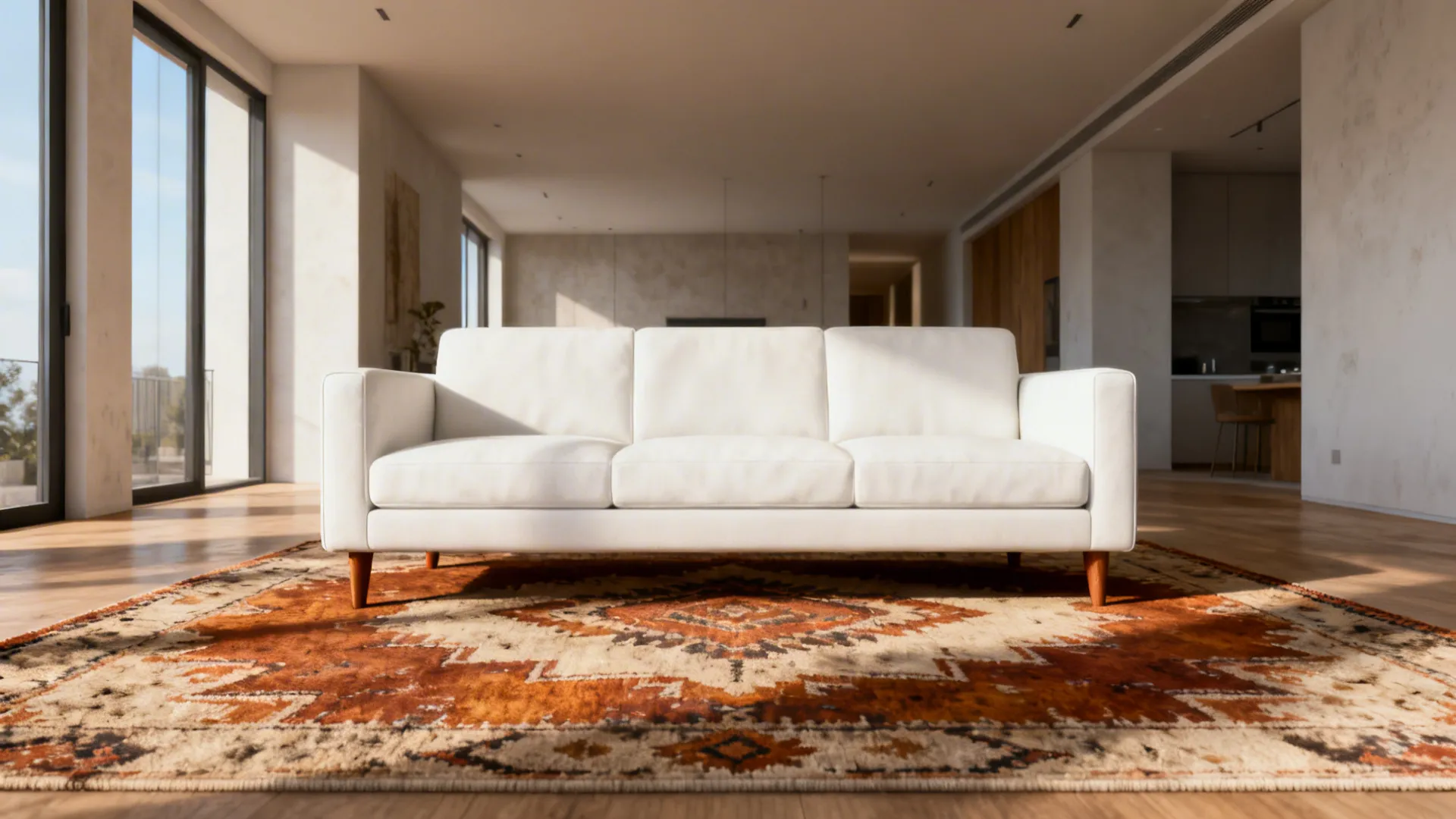 White sofa anchored by a bold patterned statement rug in an open-plan living area