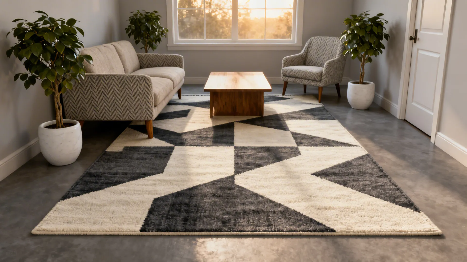 Modern living room with geometric black and white rug grey sofa wooden coffee table greenery