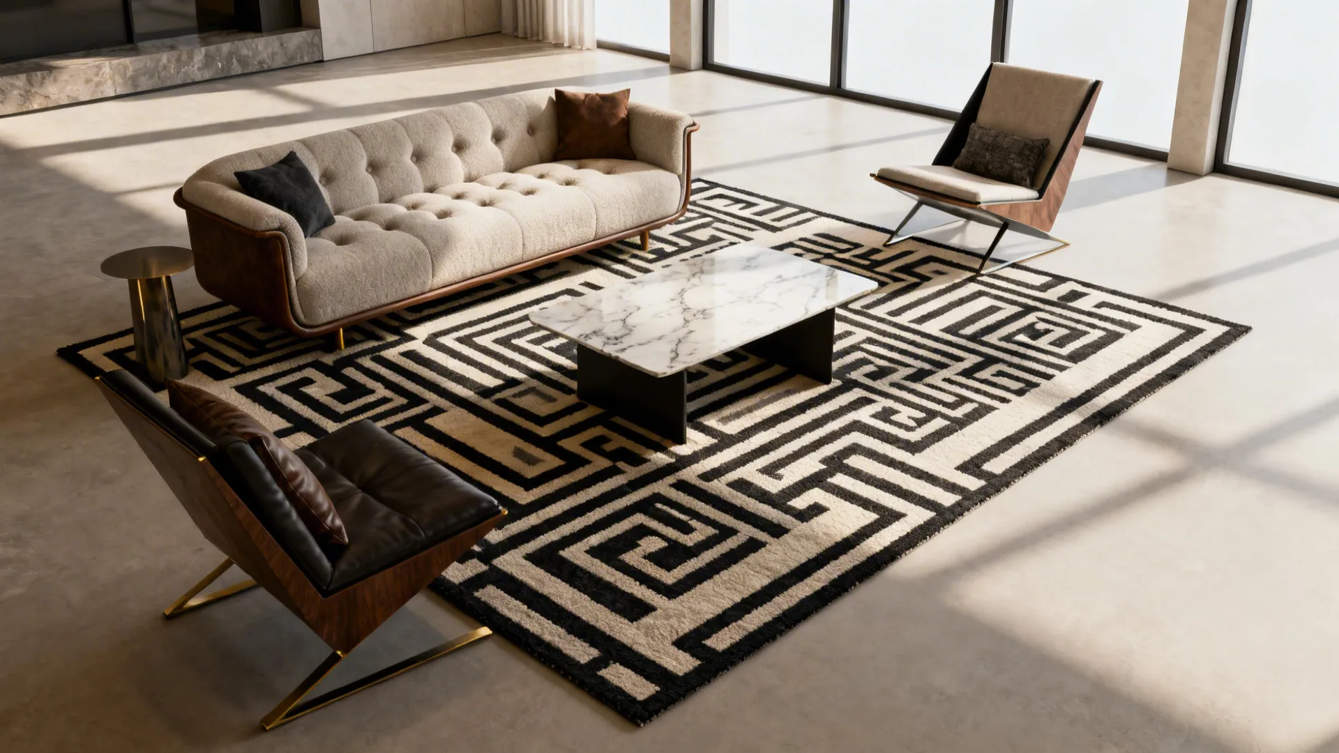 Living area where a bold graphic rug unifies mixed-era seating and a statement coffee table.