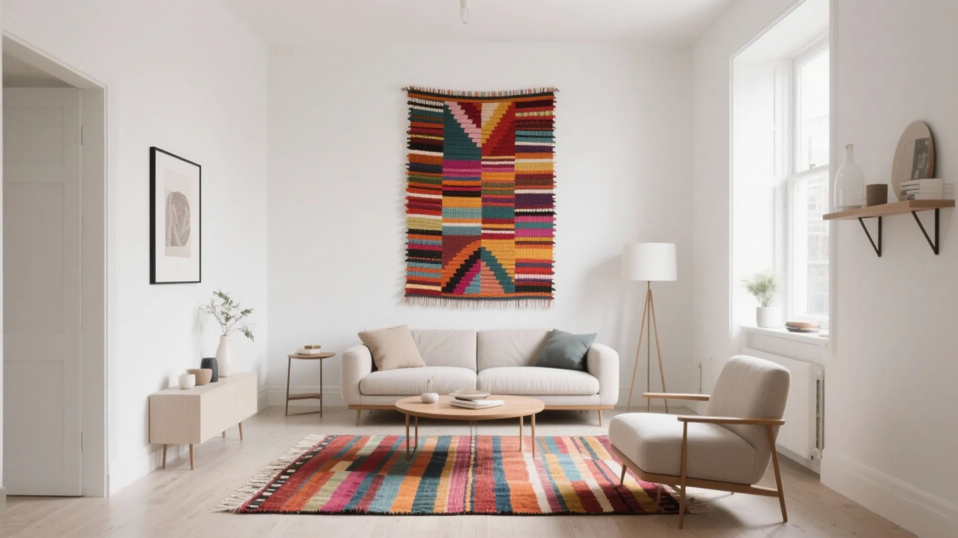 Vibrant handwoven rug acting as centerpiece in neutral living room
