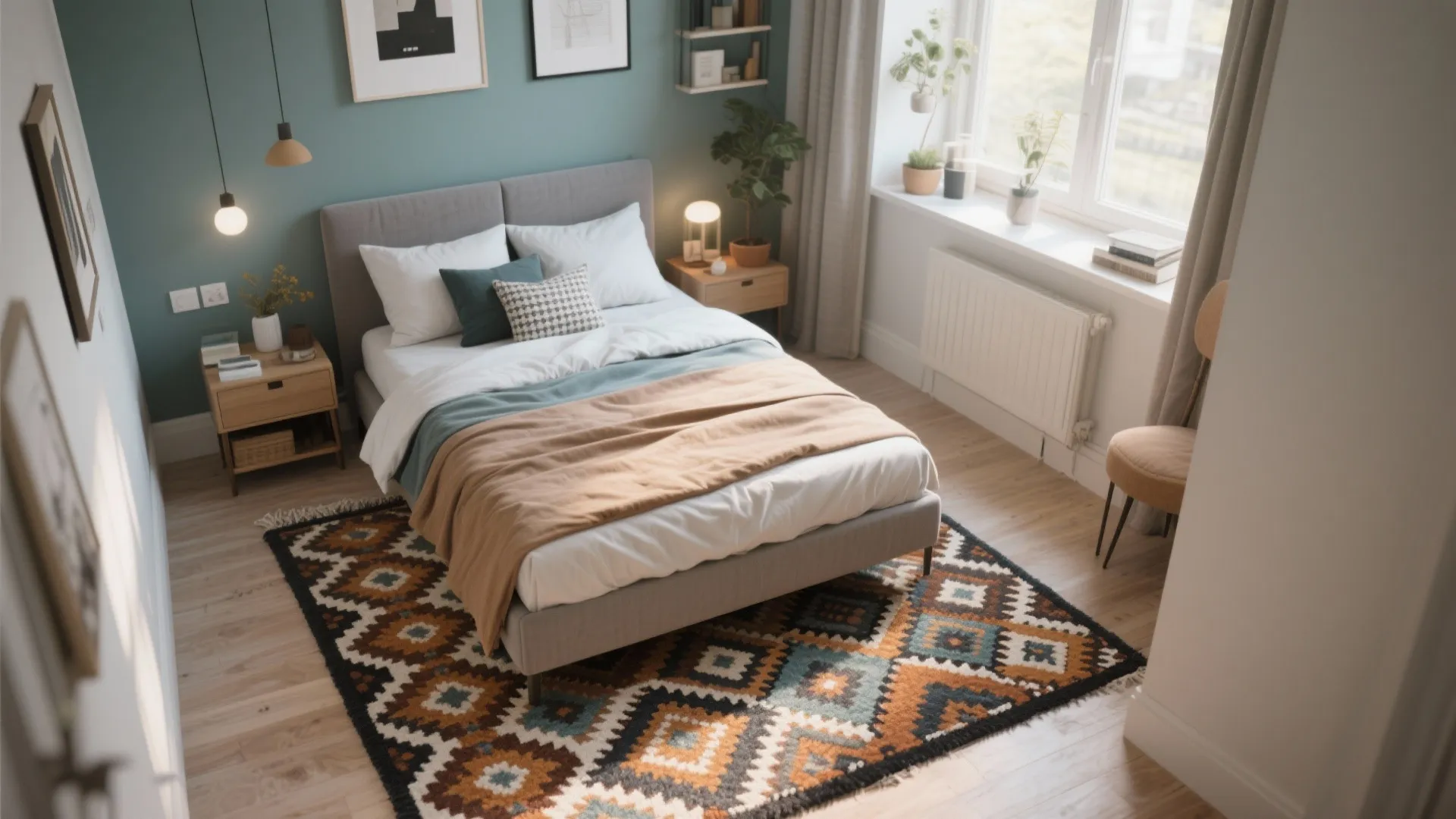 Modern bedroom with grey bed colorful geometric rug teal wall wooden floor and bright window