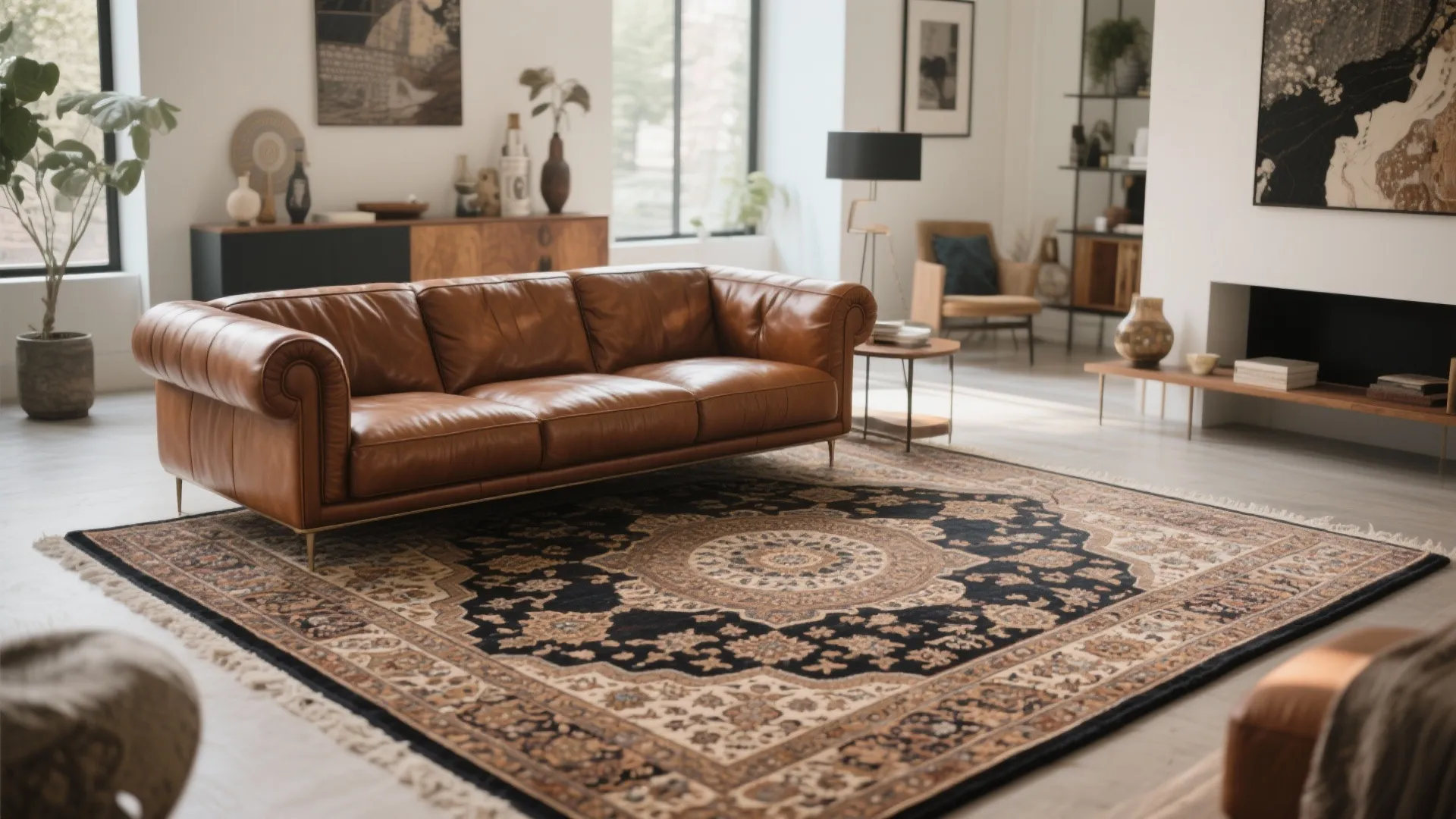 Brown leather sofa with Persian-style rug