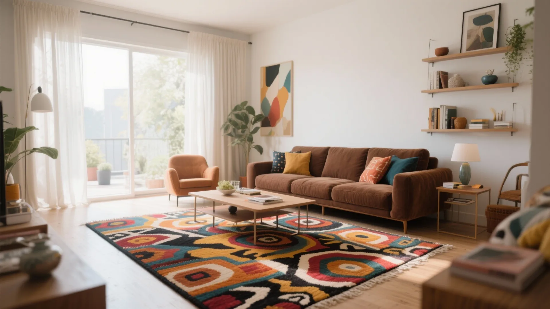 Brown sofa atop a bold patterned rug