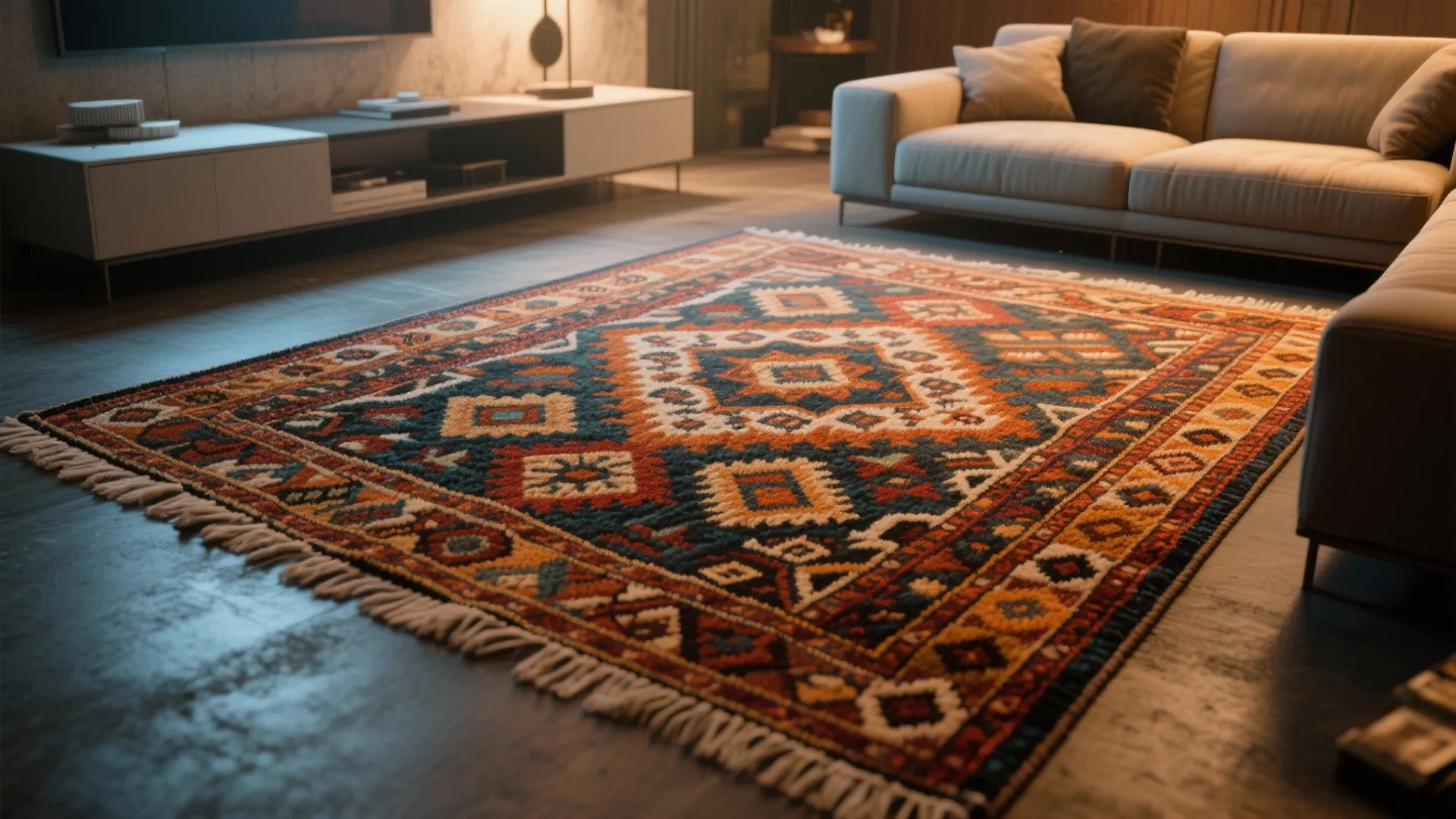 Bold patterned rug in downstairs living room