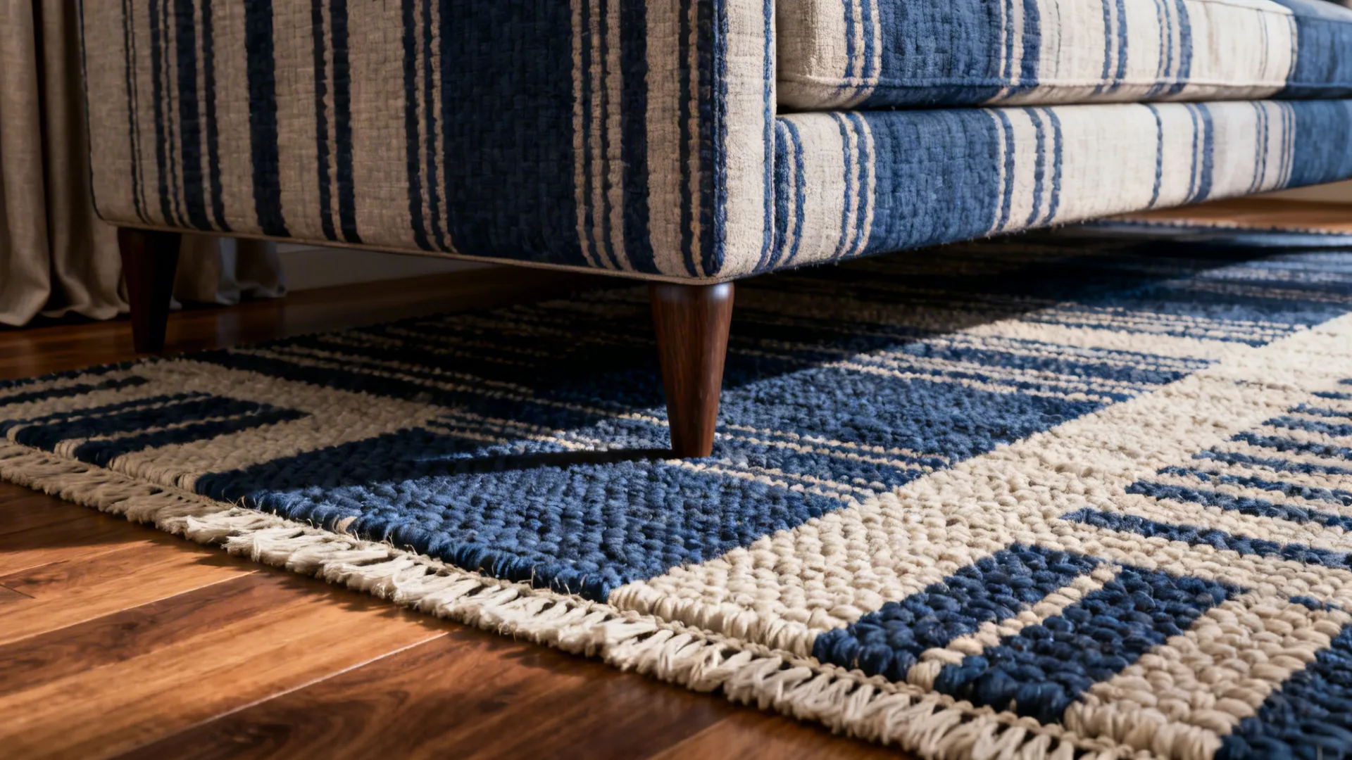 Close-up of a bold woven statement rug tying sofa and curtains in a small living room