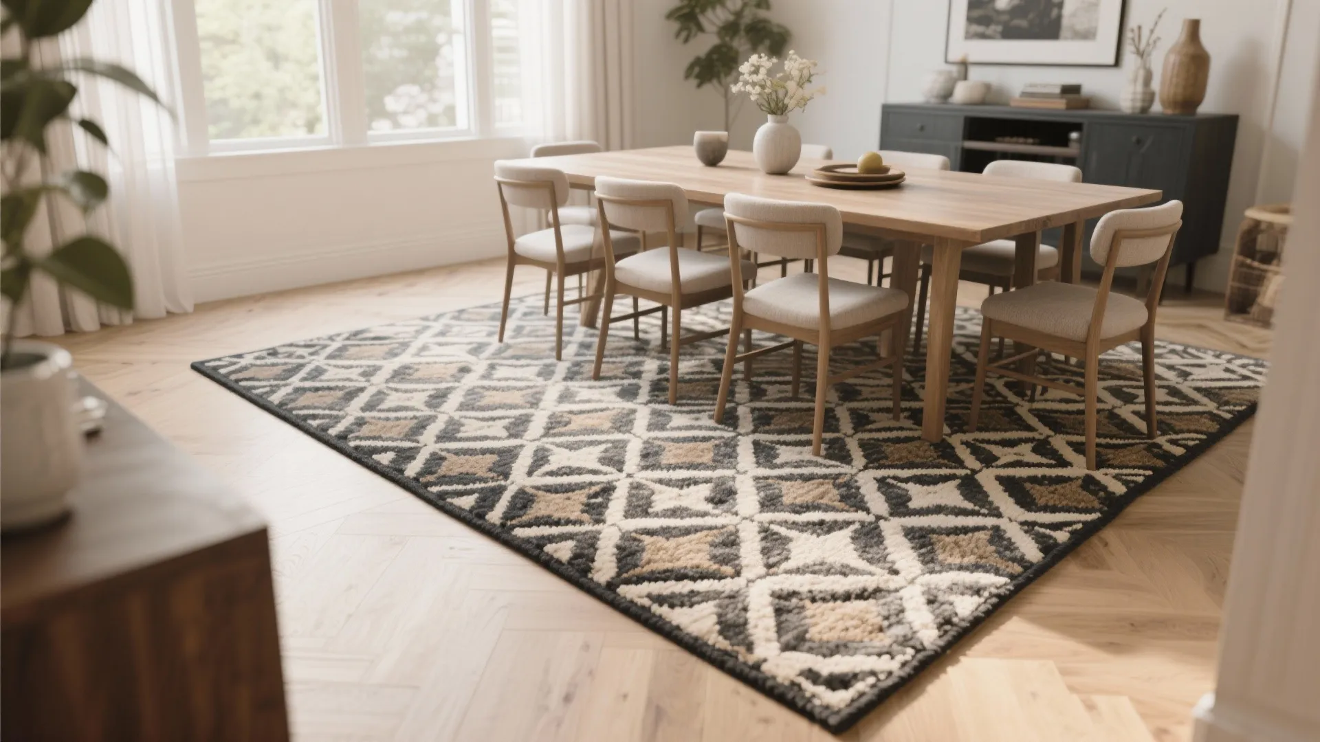 Tip 5: Statement Rugs over Neutral Floors