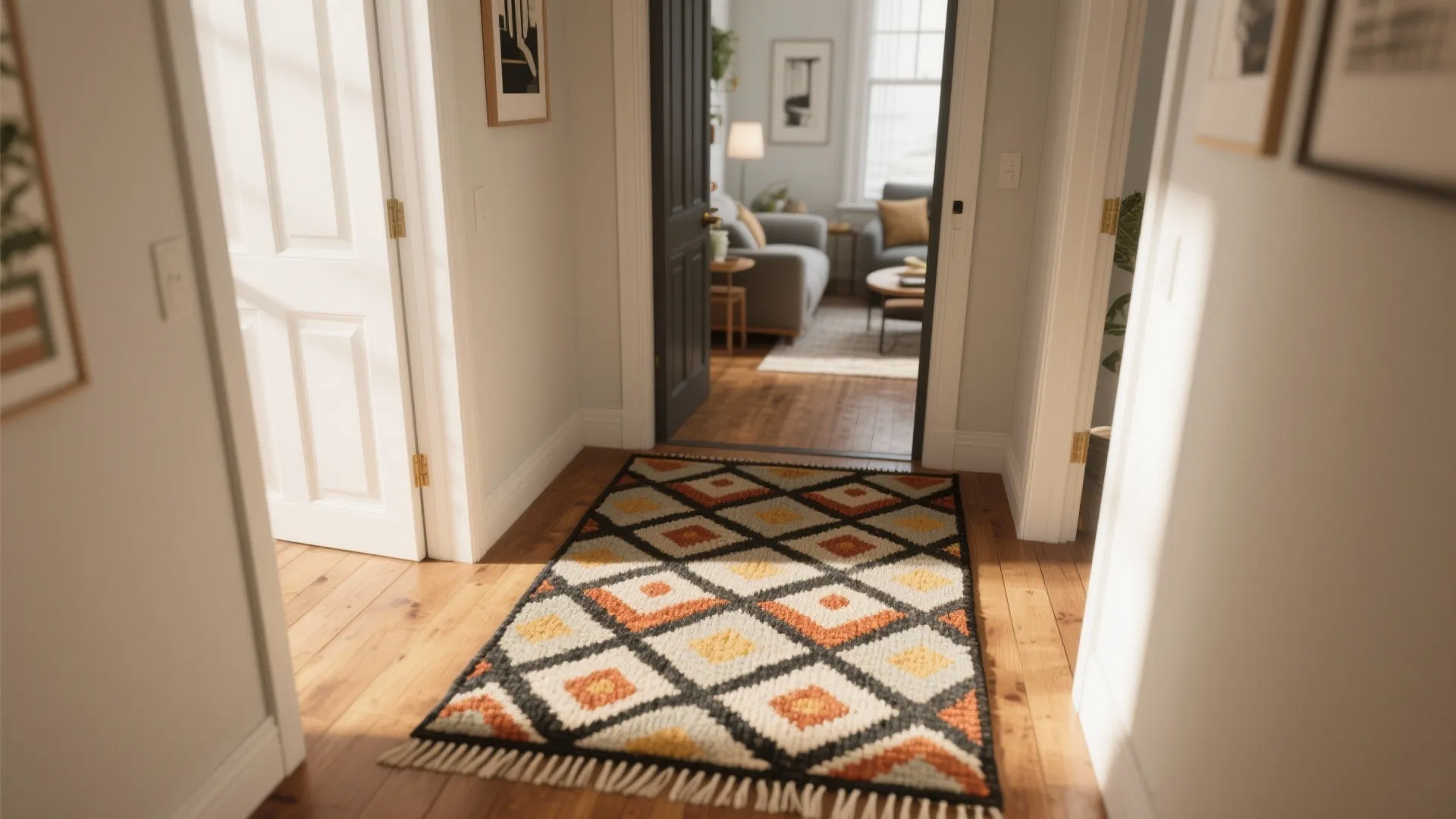 Bold-patterned rug defining entryway zone in open space