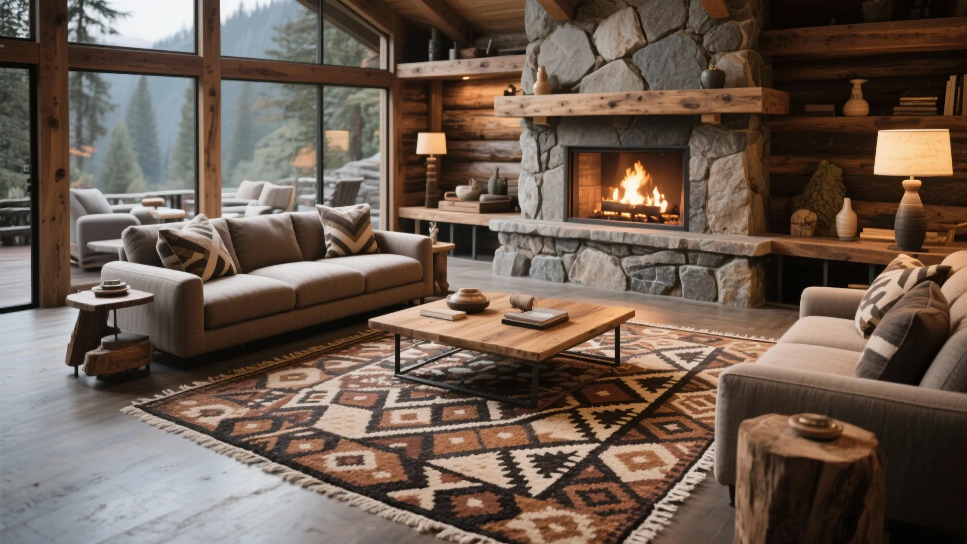 Rustic living room with stone fireplace wooden walls large patterned rug brown sofas and mountain views