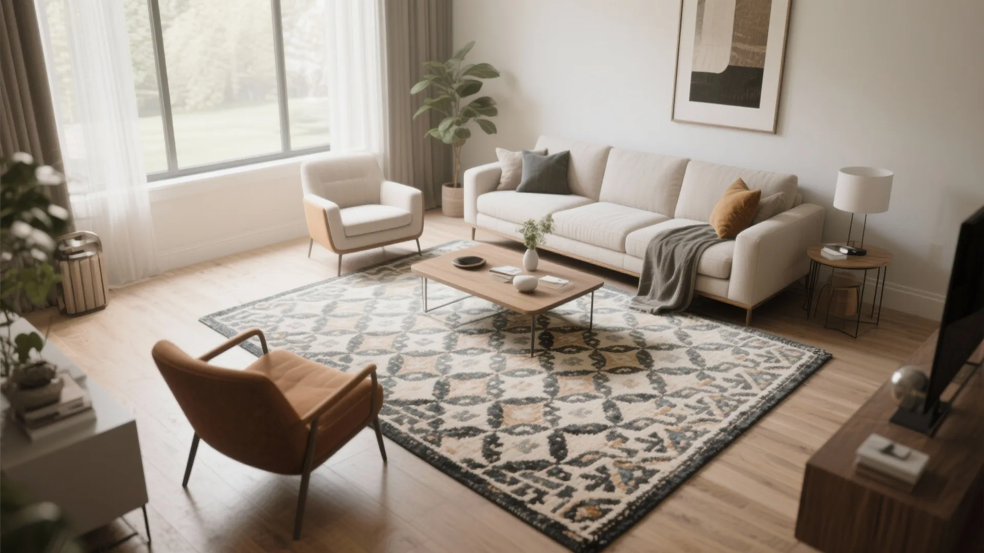 Bright living room with white sofa orange chair patterned rug wooden coffee table and window