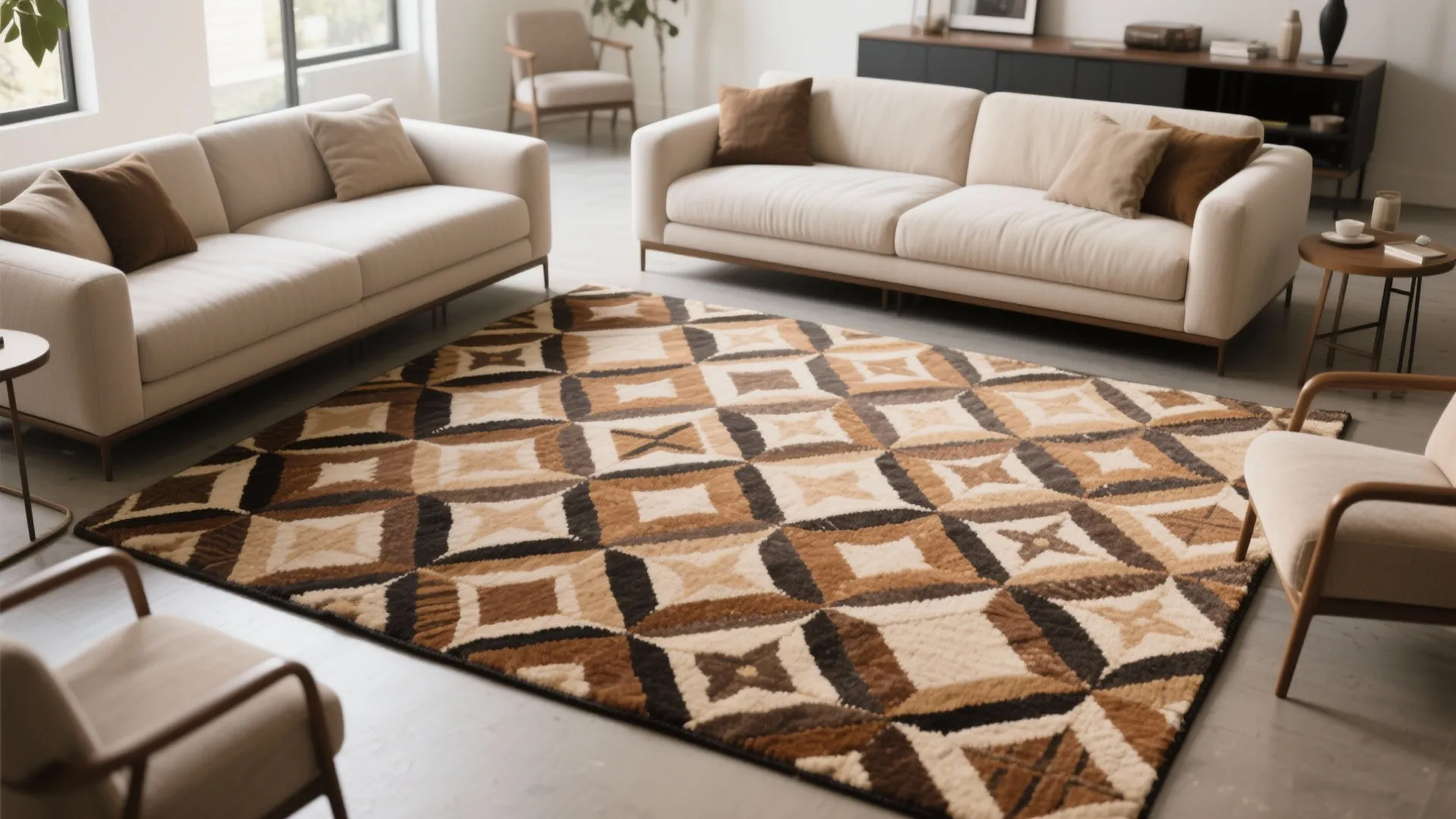 Large geometric pattern rug in brown and beige tones centered between two cream fabric sofas