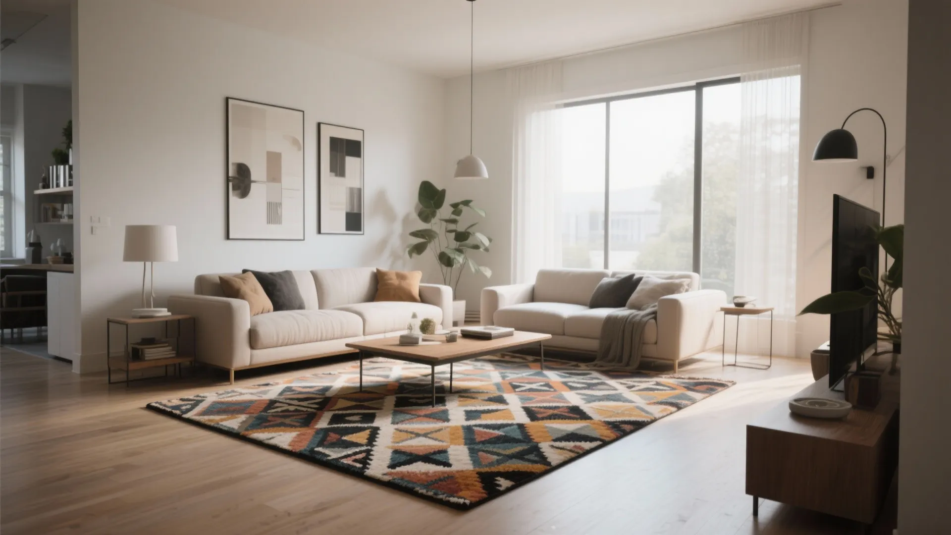 Modern living room with large geometric rug plus beige sofas and small wooden coffee table