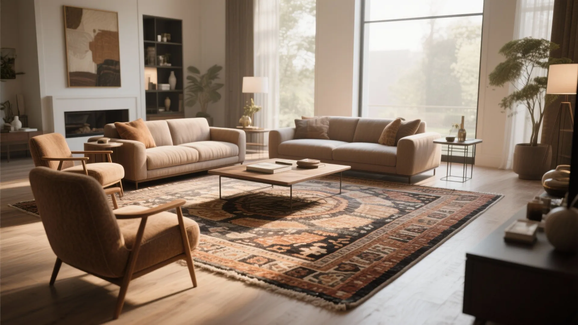 Modern living room with large patterned rug wooden table two sofas and big bright windows