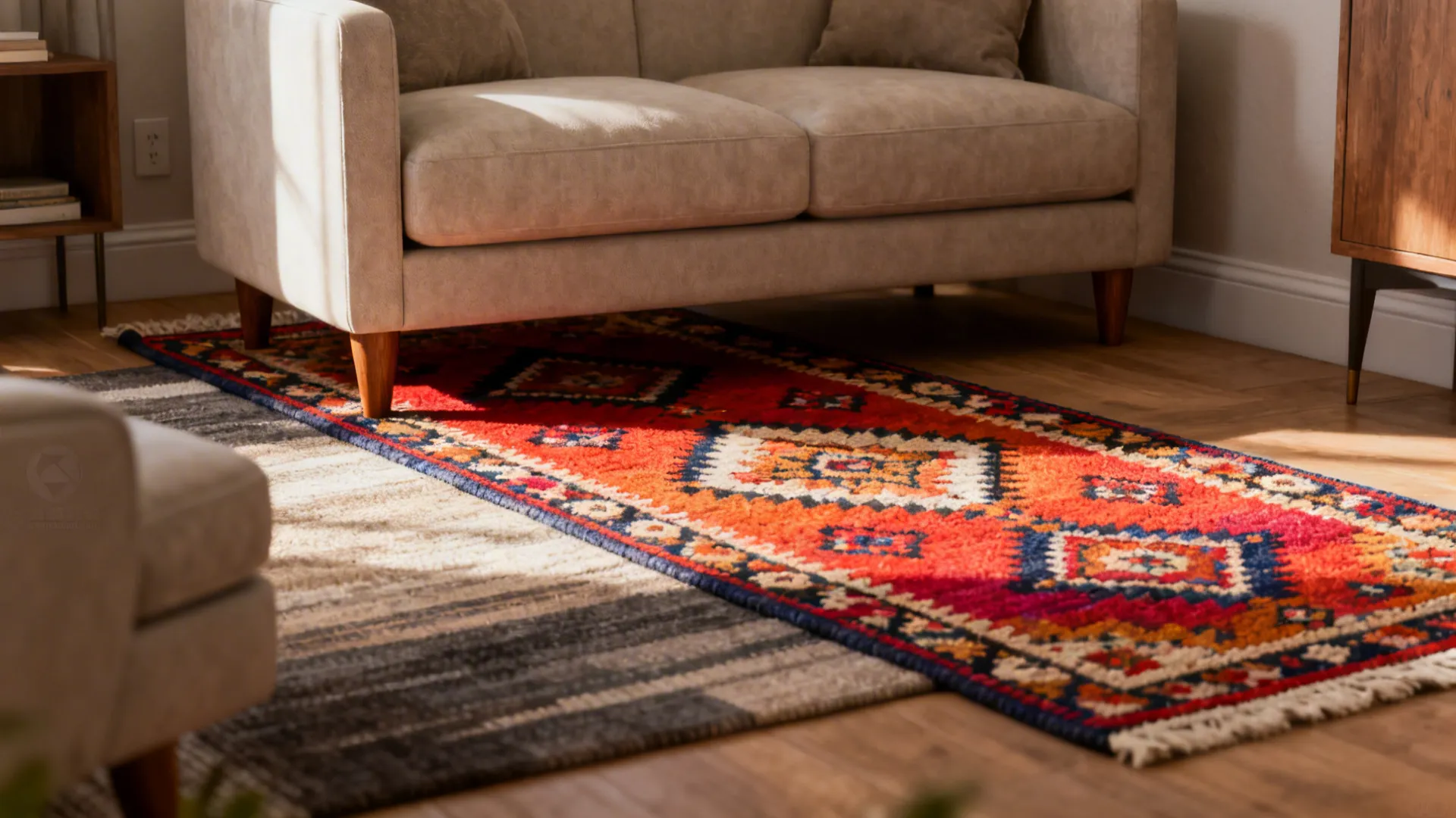 Red patterned rug placed on wood floor under beige sofa with sunlight in living room