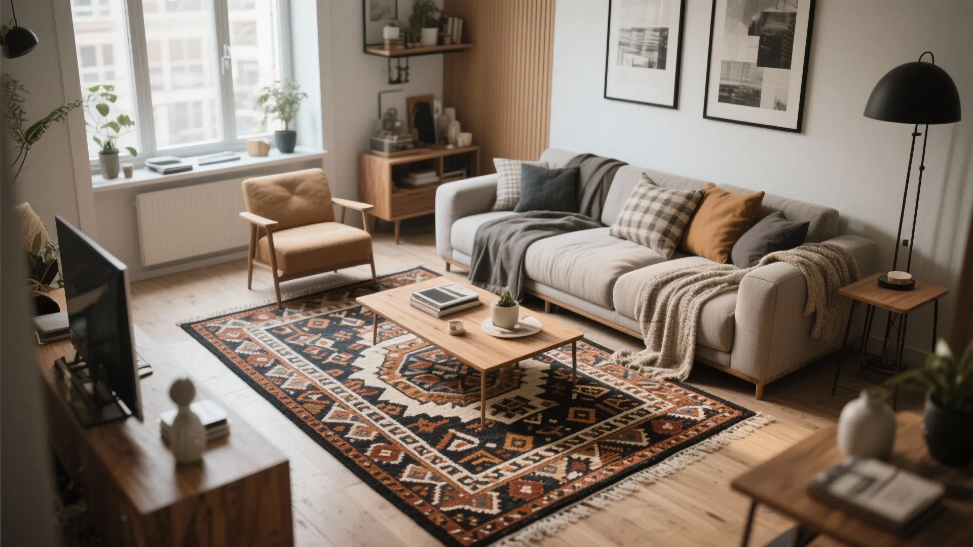 Modern living room with grey sofa patterned rug wood coffee table floor lamp and natural light