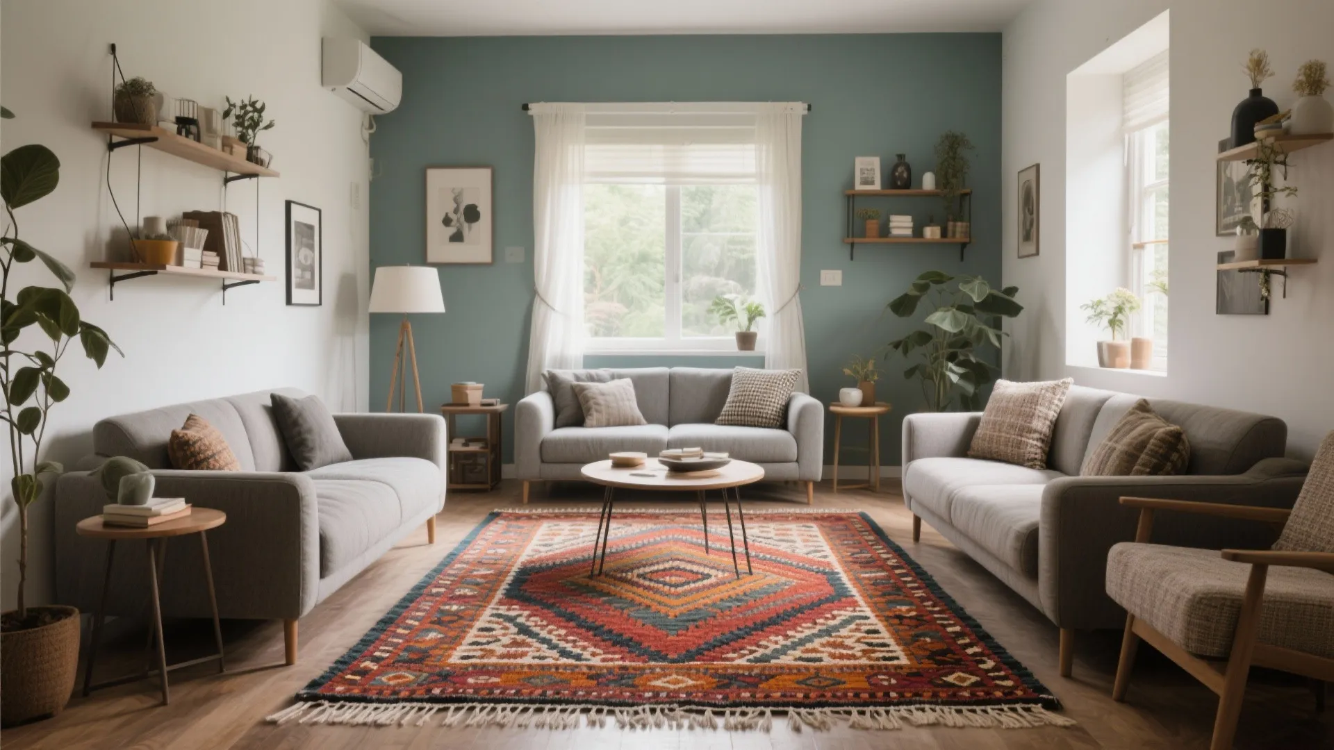 Small Bangalore apartment living room with a bold statement rug