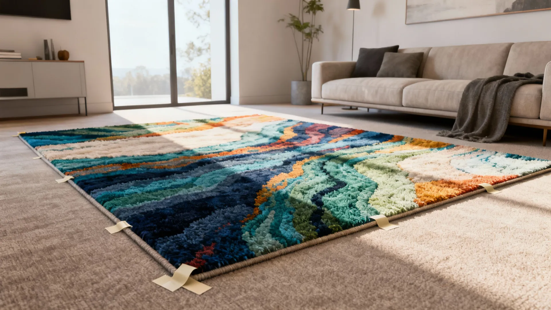 Neutral living room with a vivid statement rug layered over carpet providing a color pop