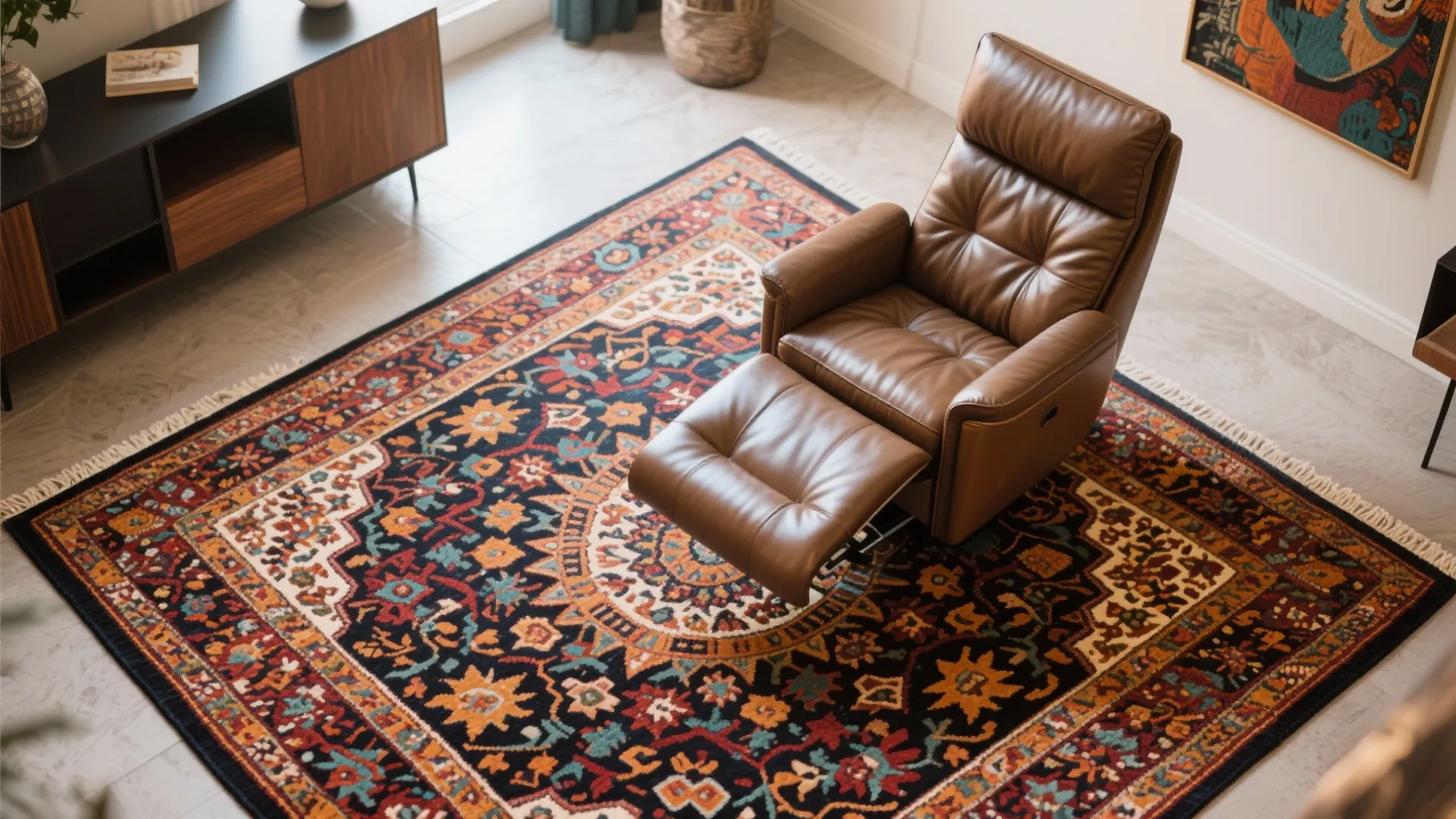 Bold patterned rug under a modern leather recliner
