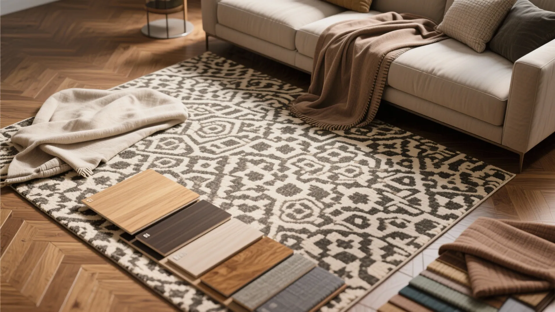 Patterned rug on wooden floor with material samples for interior design next to a sofa