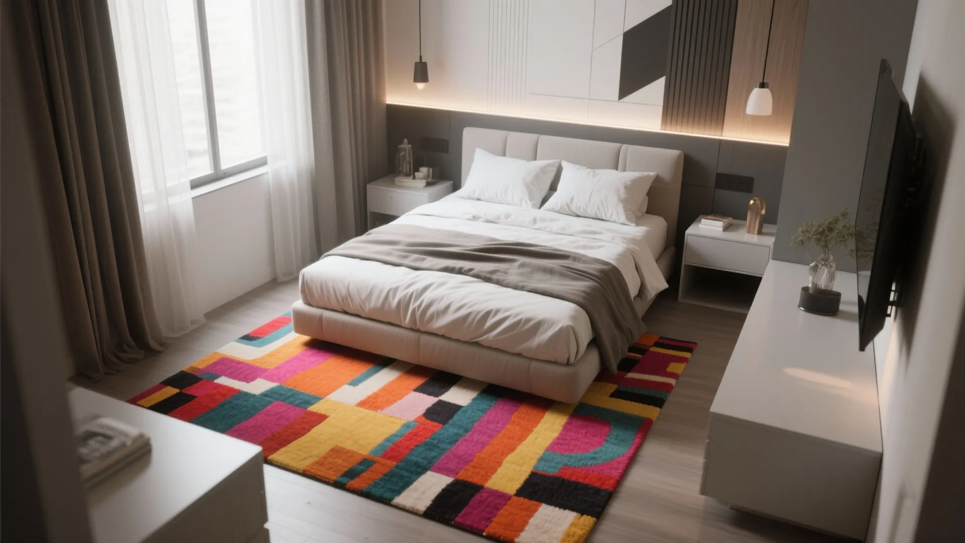 5. Go bold with a statement rug and simple furniture
