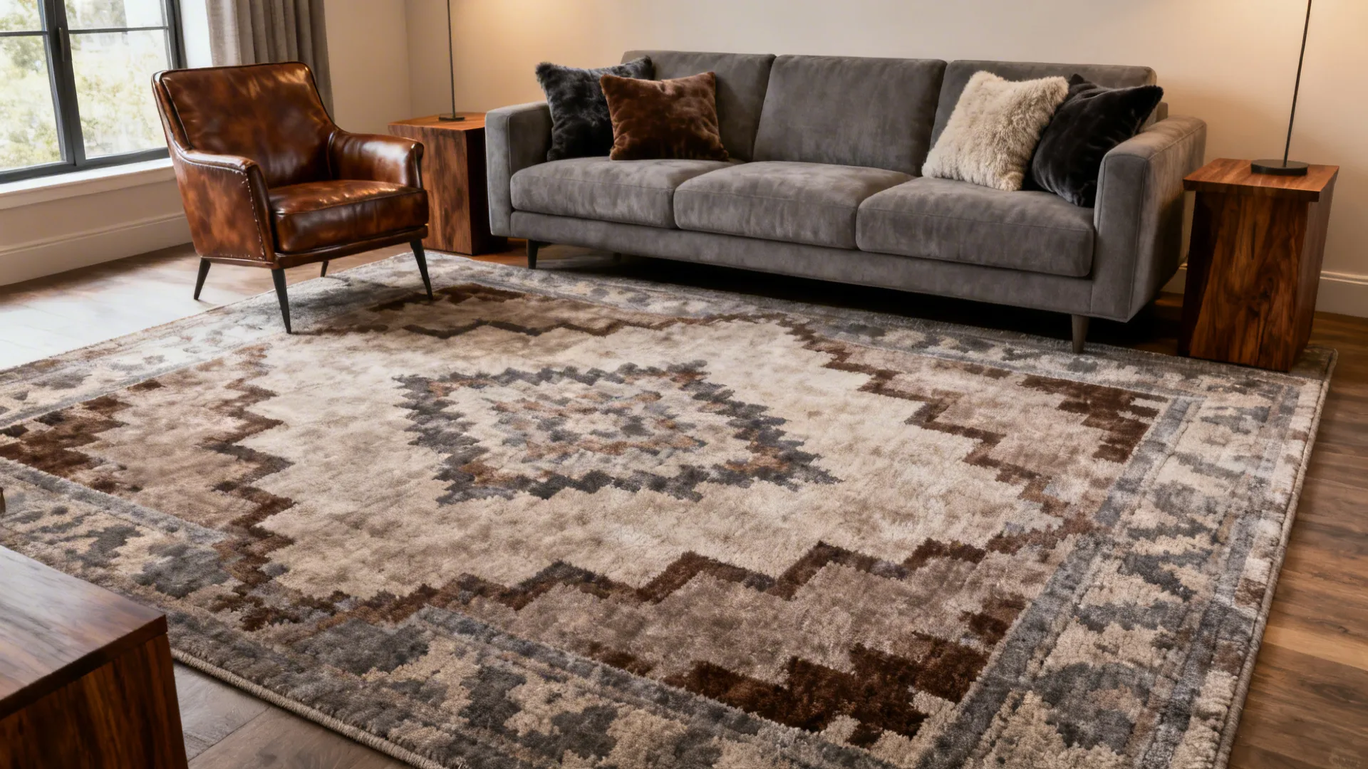 Seating area with mid-gray sofa and medium-scale taupe-gray patterned rug anchoring the space.