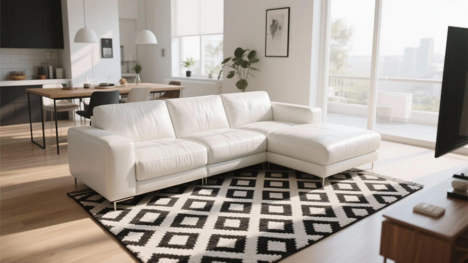 Modern white leather sofa on black and white patterned rug in sunlit open living room