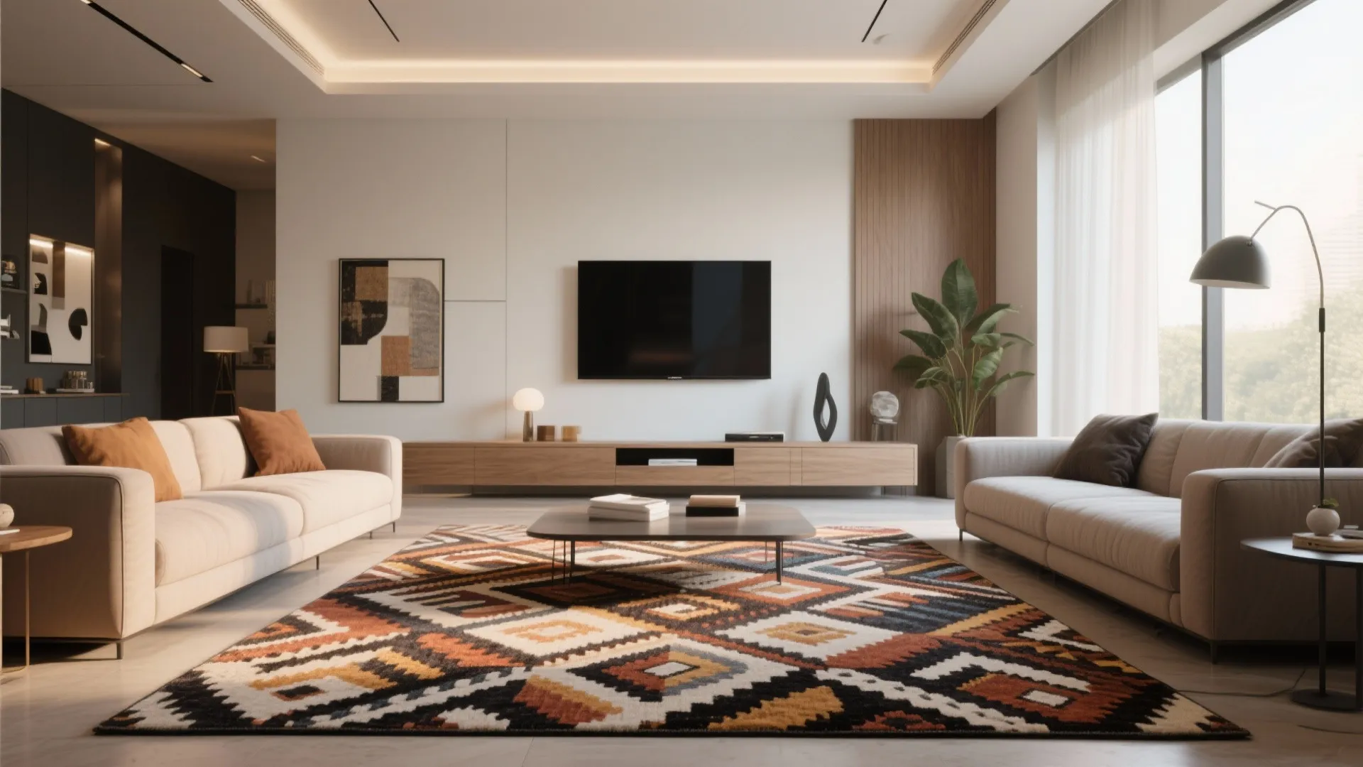 Modern living room featuring large colorful geometric rug beige sofas wooden cabinet and mounted television