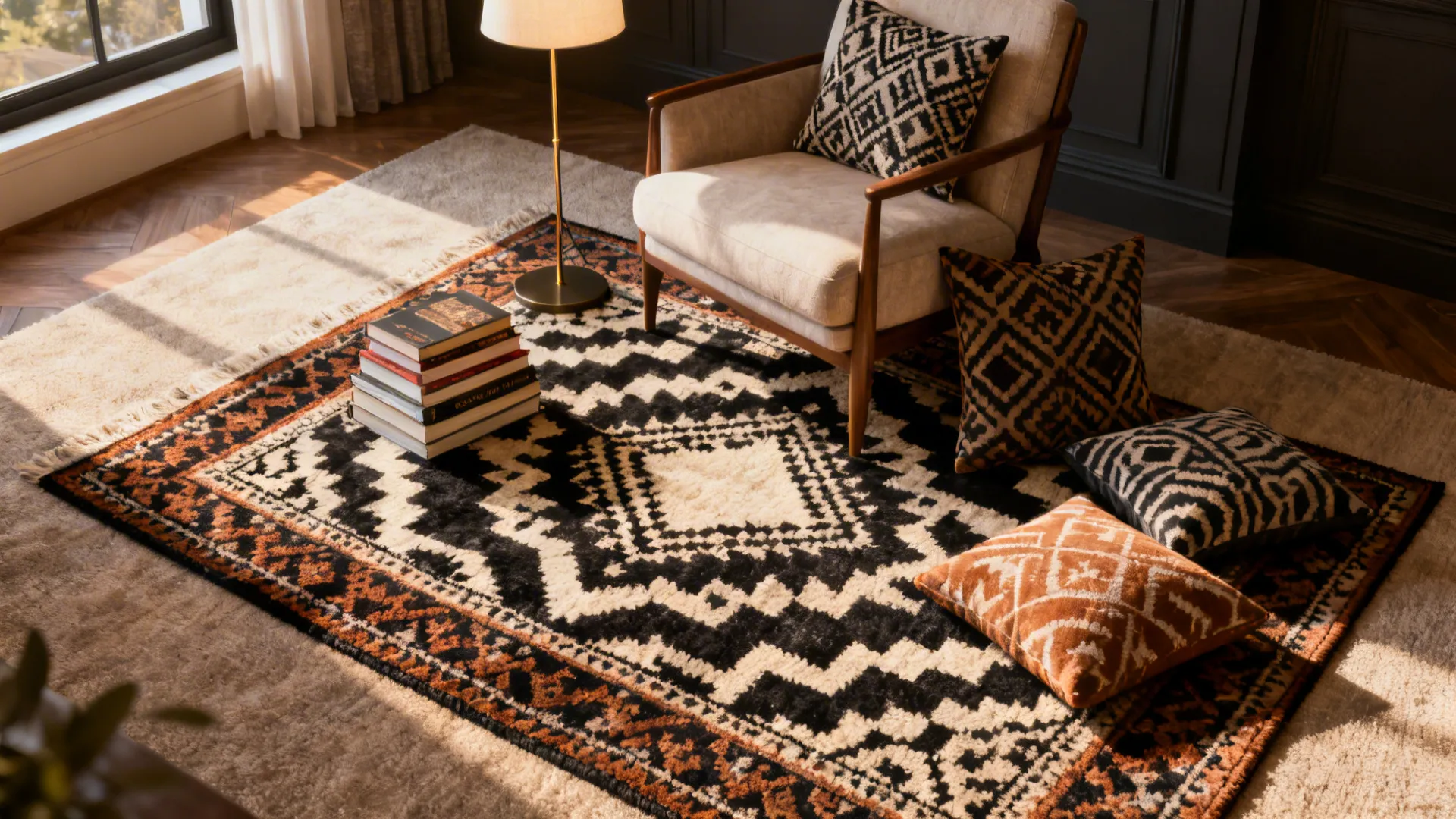 Bold patterned rug layered on carpet creating a defined reading nook