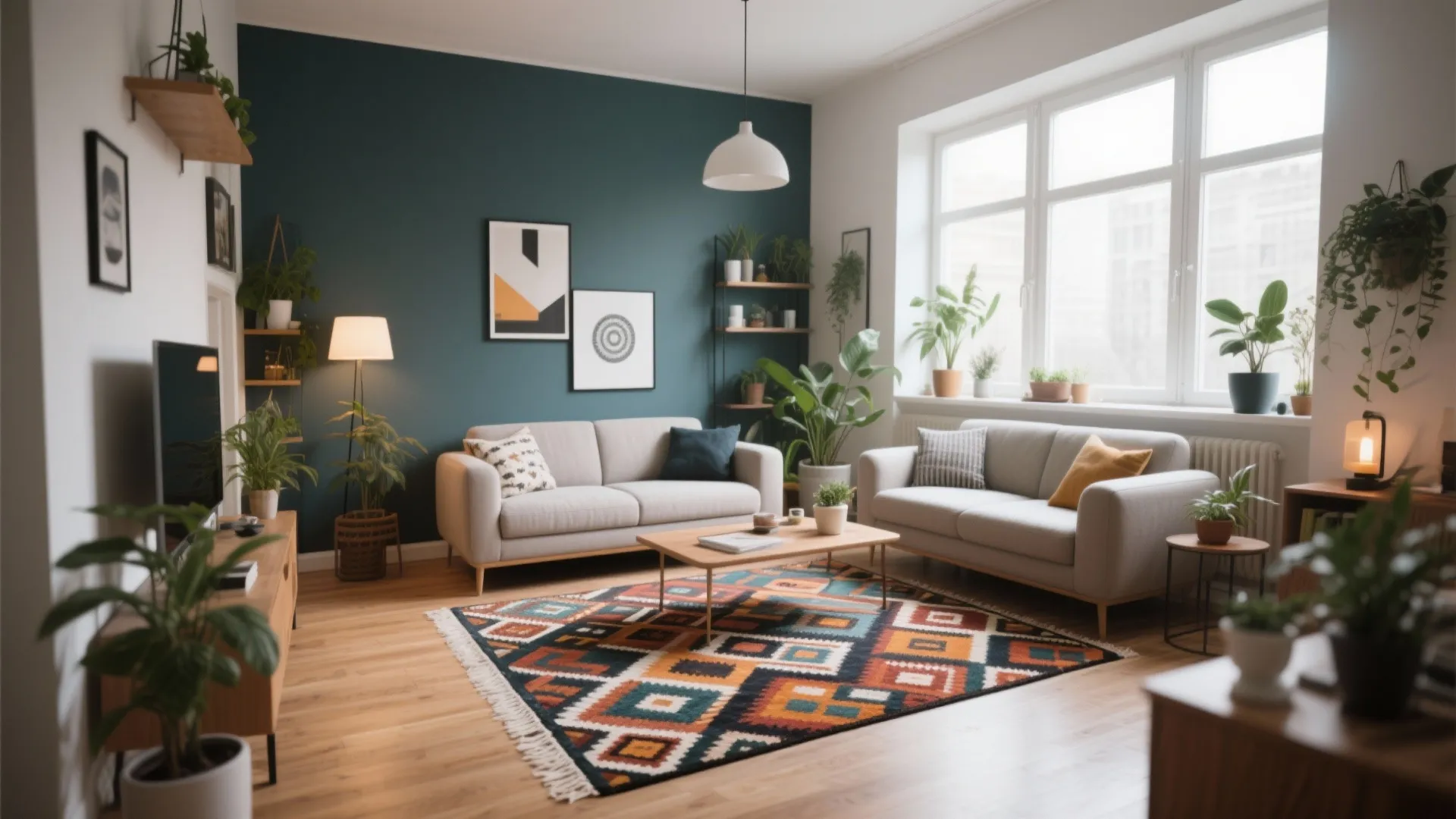 Bright living room with two grey sofas plus a colorful pattern rug and green plants