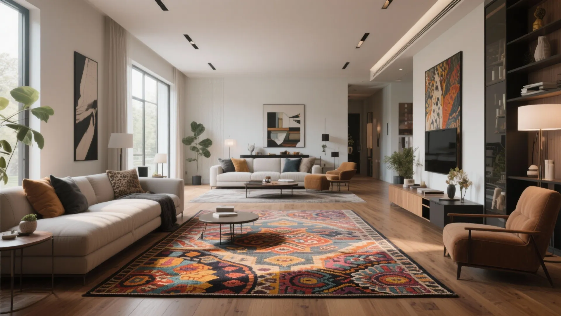 Spacious living room featuring colorful patterned floor rug white sofa orange chair and wood flooring