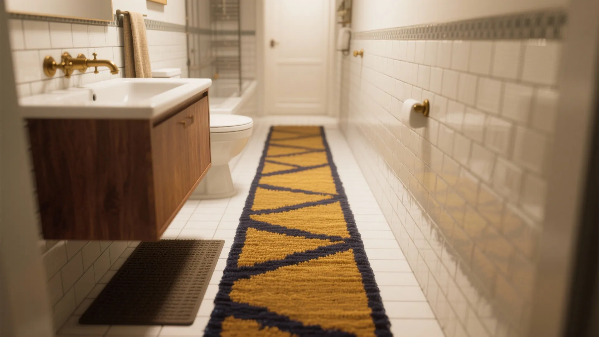 Narrow bathroom with a mustard and navy runner elongating the space.