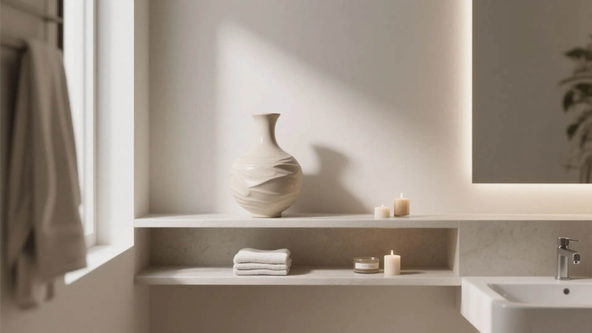 Minimalist stone bathroom shelf featuring a large decorative vase, small candles, and folded white towels